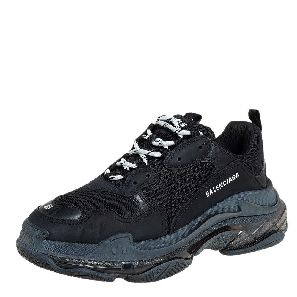 Pre Owned Balenciaga Black Mesh And Leather  Triple S Sneakers Size 45