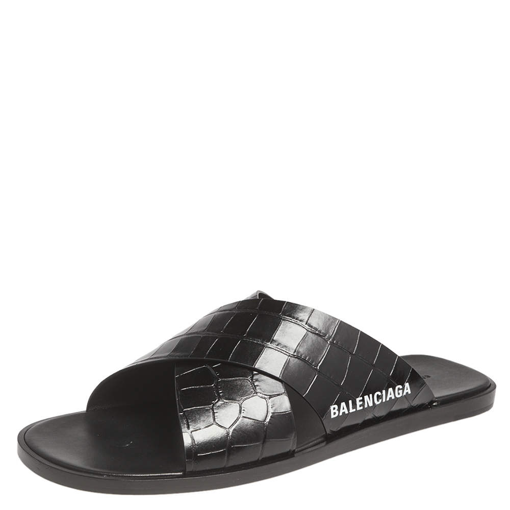 Balenciaga Black Croc Embossed Leather Cosy Crisscross Flat Slides Size 45