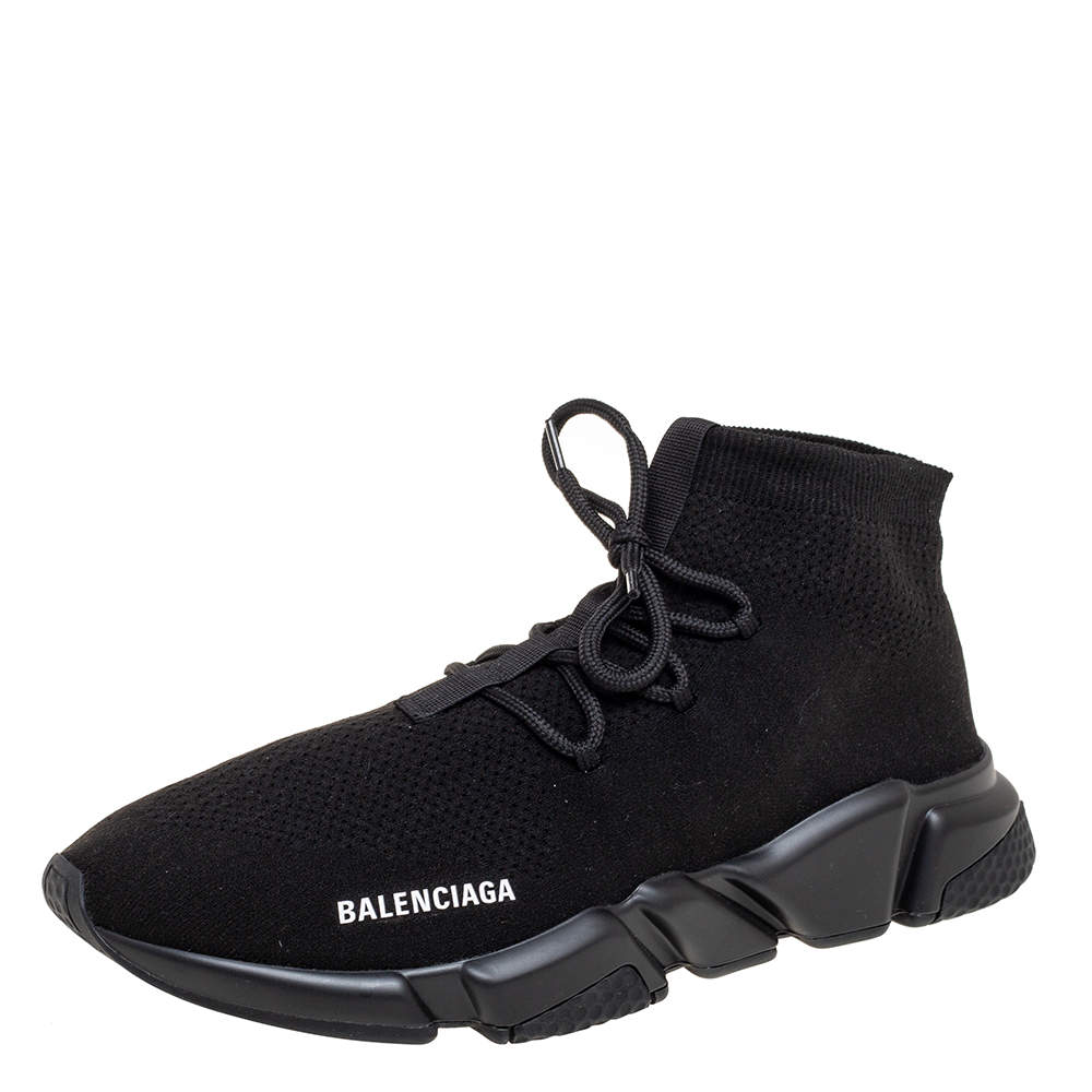 Pre Owned Balenciaga Black Knit Fabric Speed Trainer Lace-Up Sneakers Size 45