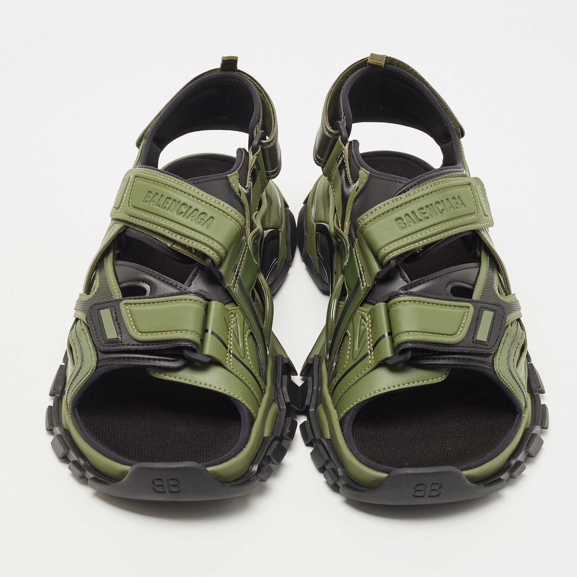 Balenciaga Green Black Rubber and Faux Leather Velcro Strap Flat Sandals Size 45