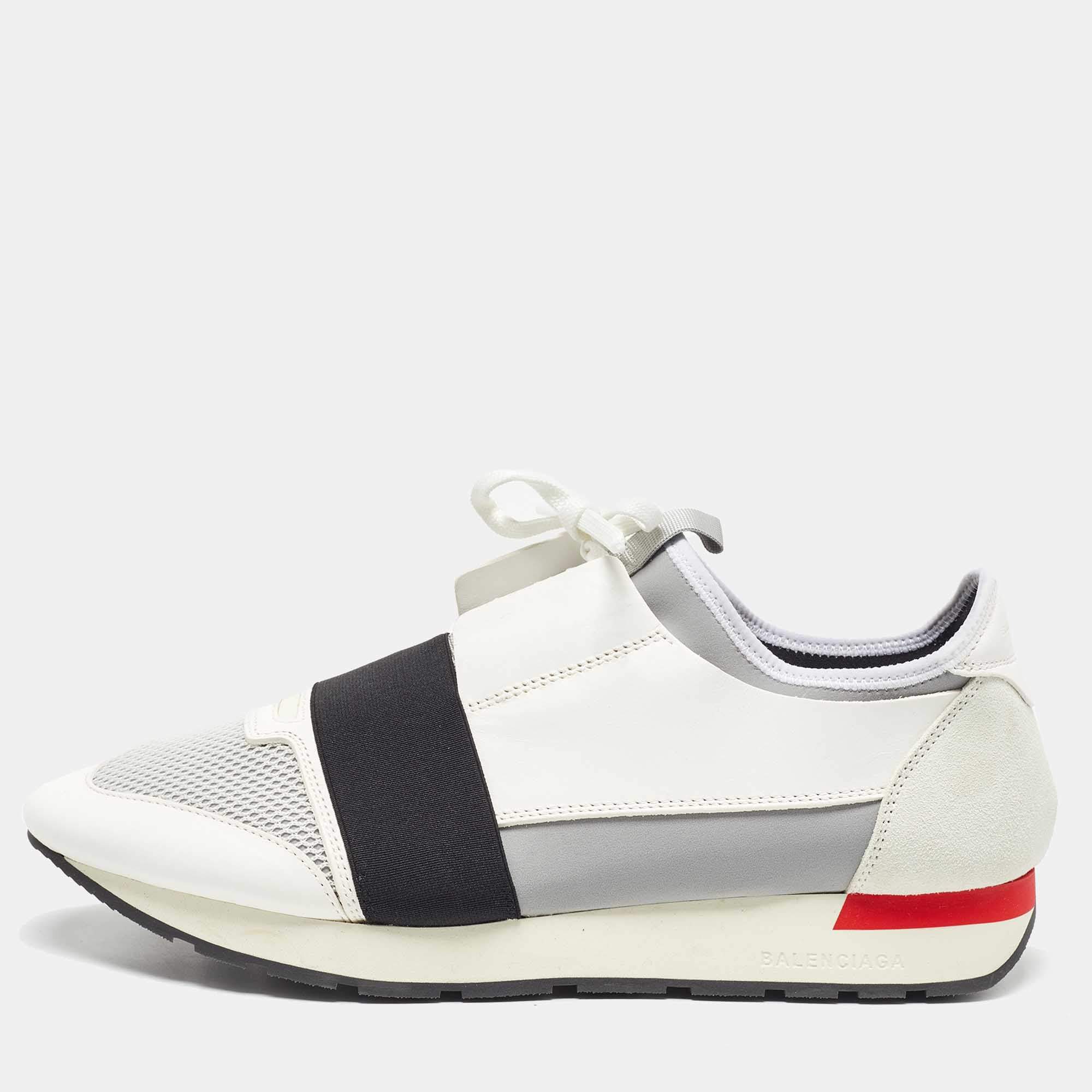 Balenciaga White/Black Leather and Mesh Race Runner Sneakers Size 44