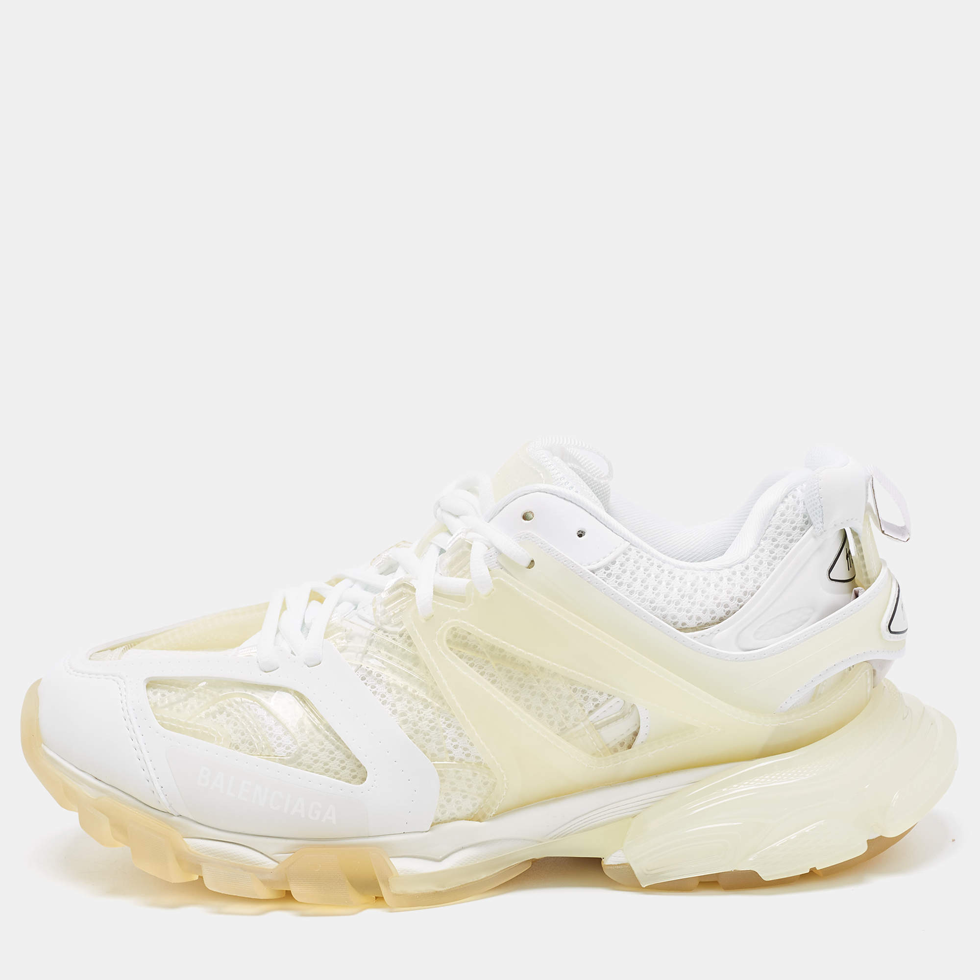 Balenciaga White Faux Leather and PVC Track Clear Sole Sneakers Size 42