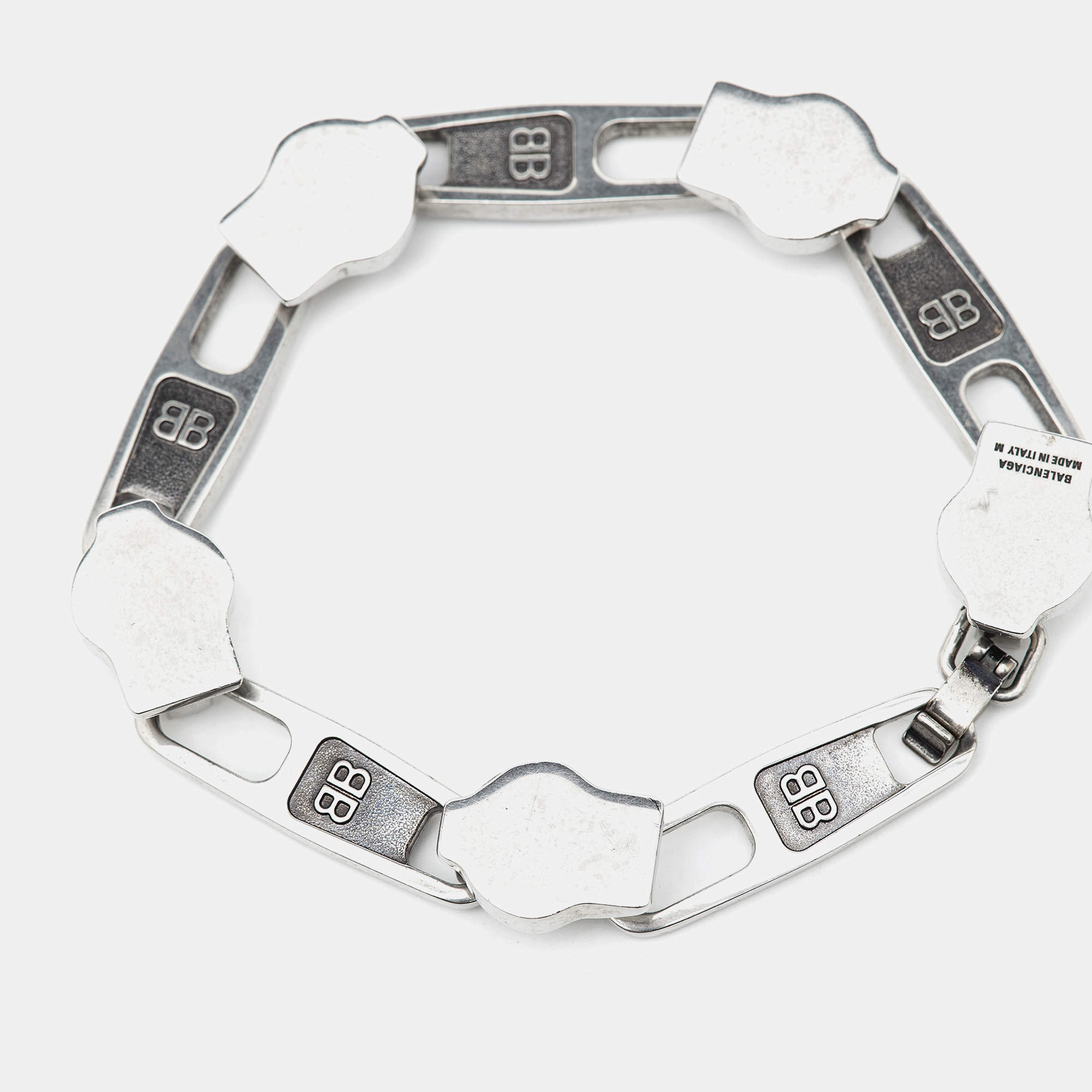 Balenciaga Silver Tone Zip Logo Motif Link Bracelet M