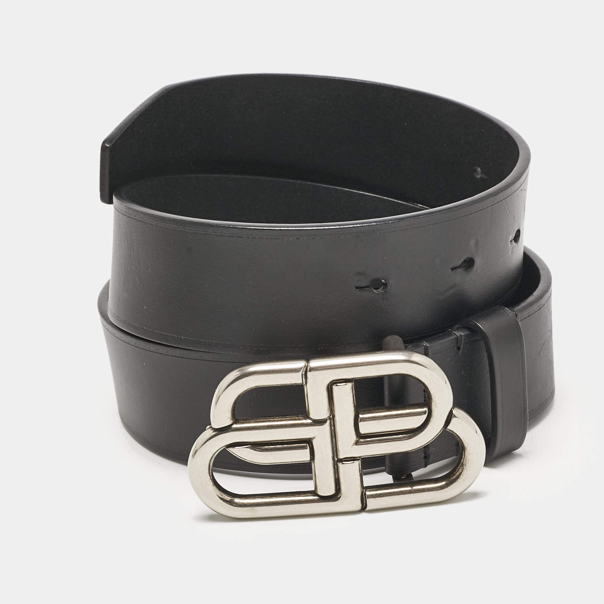 Pre Owned Balenciaga Black Leather BB Large Buckle Belt 80 CM