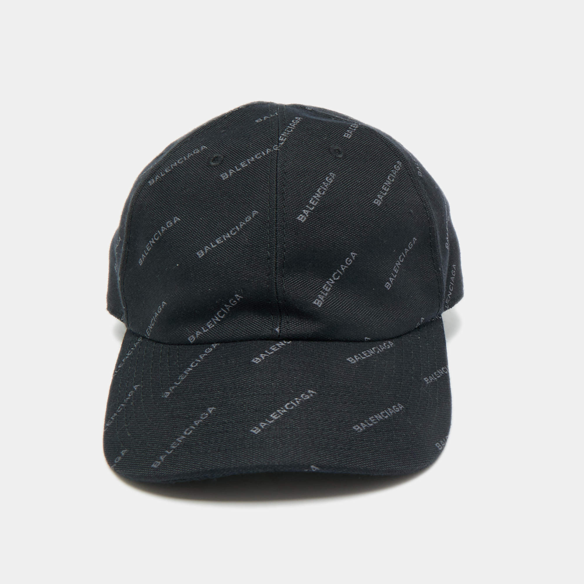 Pre Owned Balenciaga Black Logo All-Over Cotton Baseball Cap L