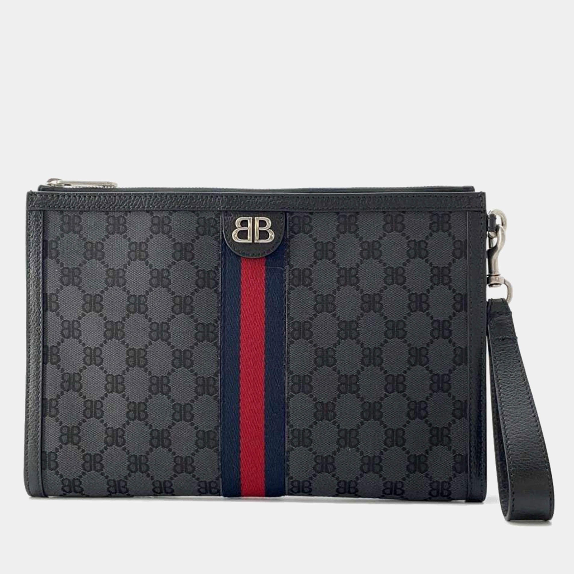 Balenciaga x Gucci The Hacker Project Black Canvas Web Wristlet BB Clutch Bag 