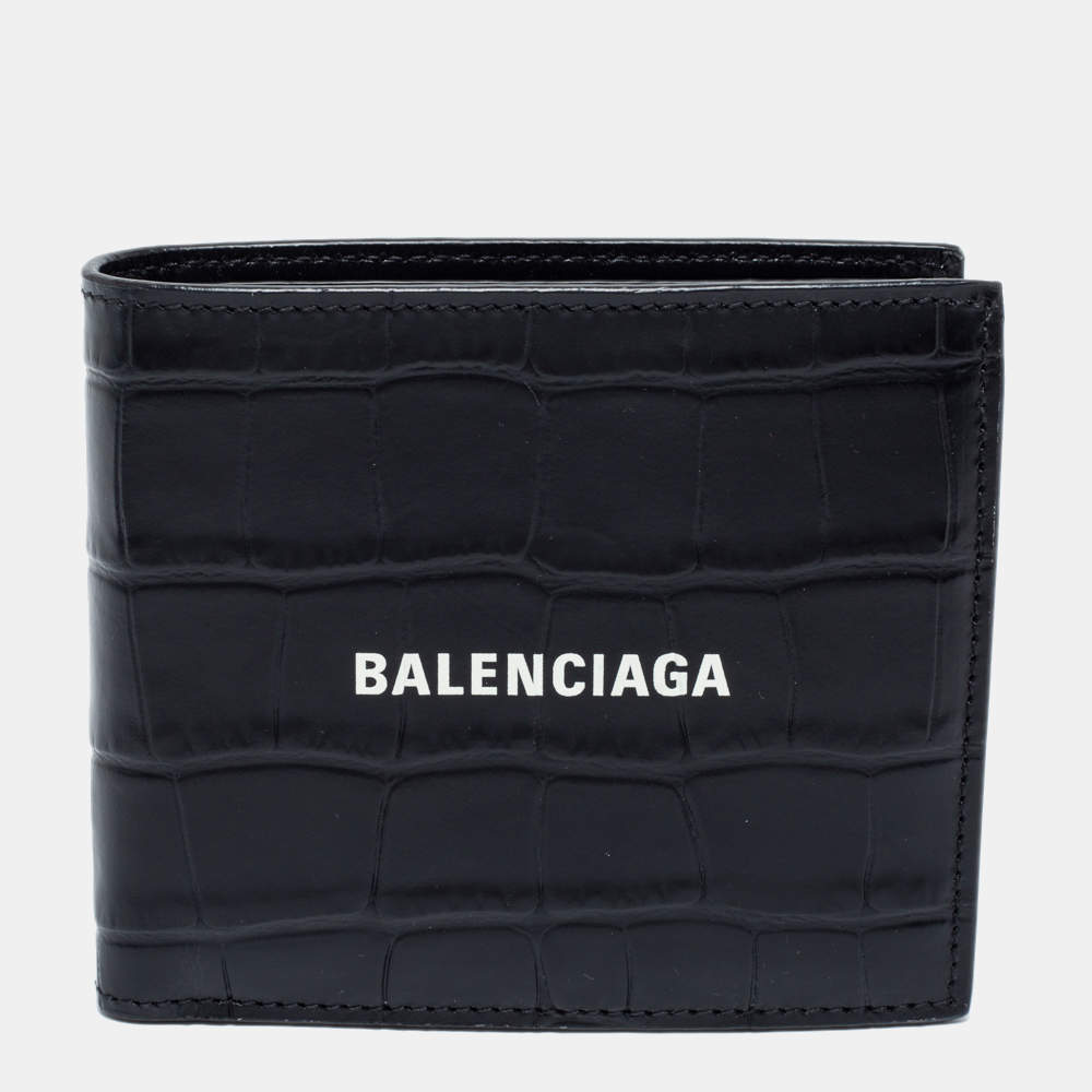 Pre Owned Balenciaga Black Croc Embossed Leather Logo Bifold Wallet