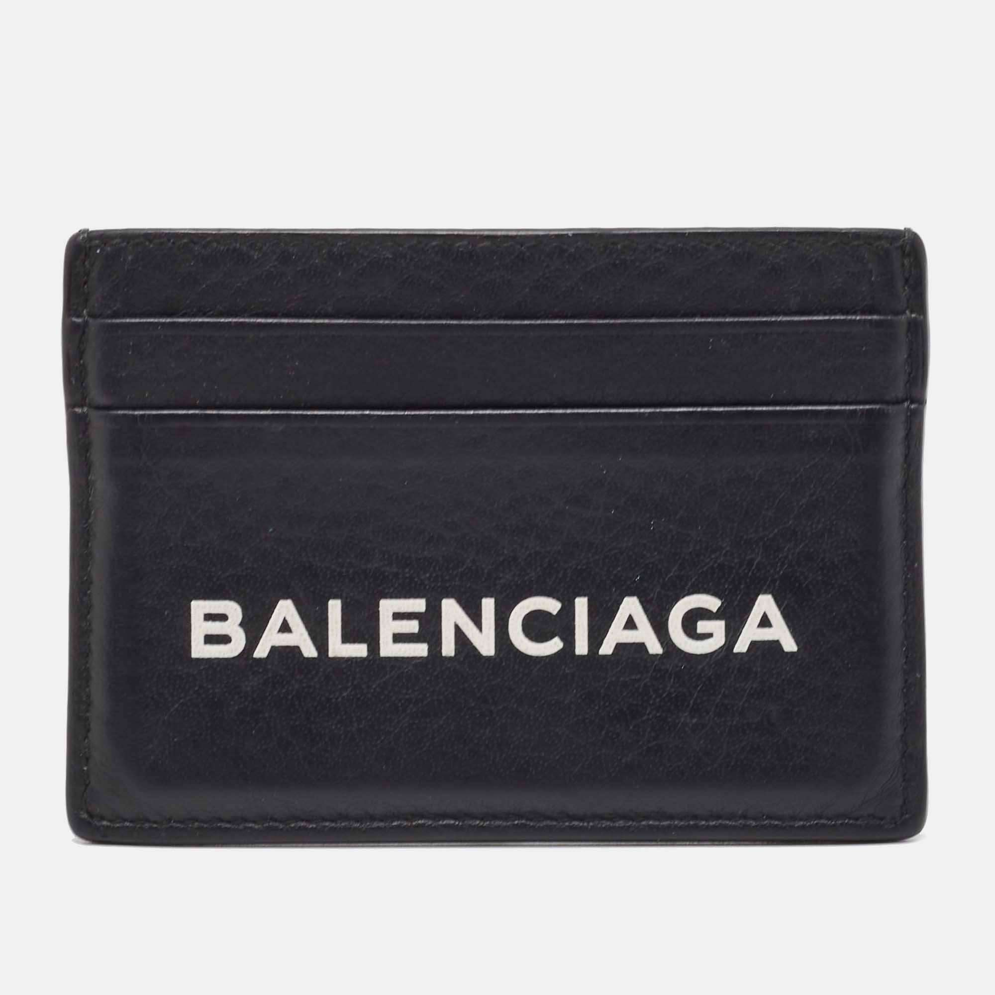 Pre Owned Balenciaga Black Leather Logo Card Holder