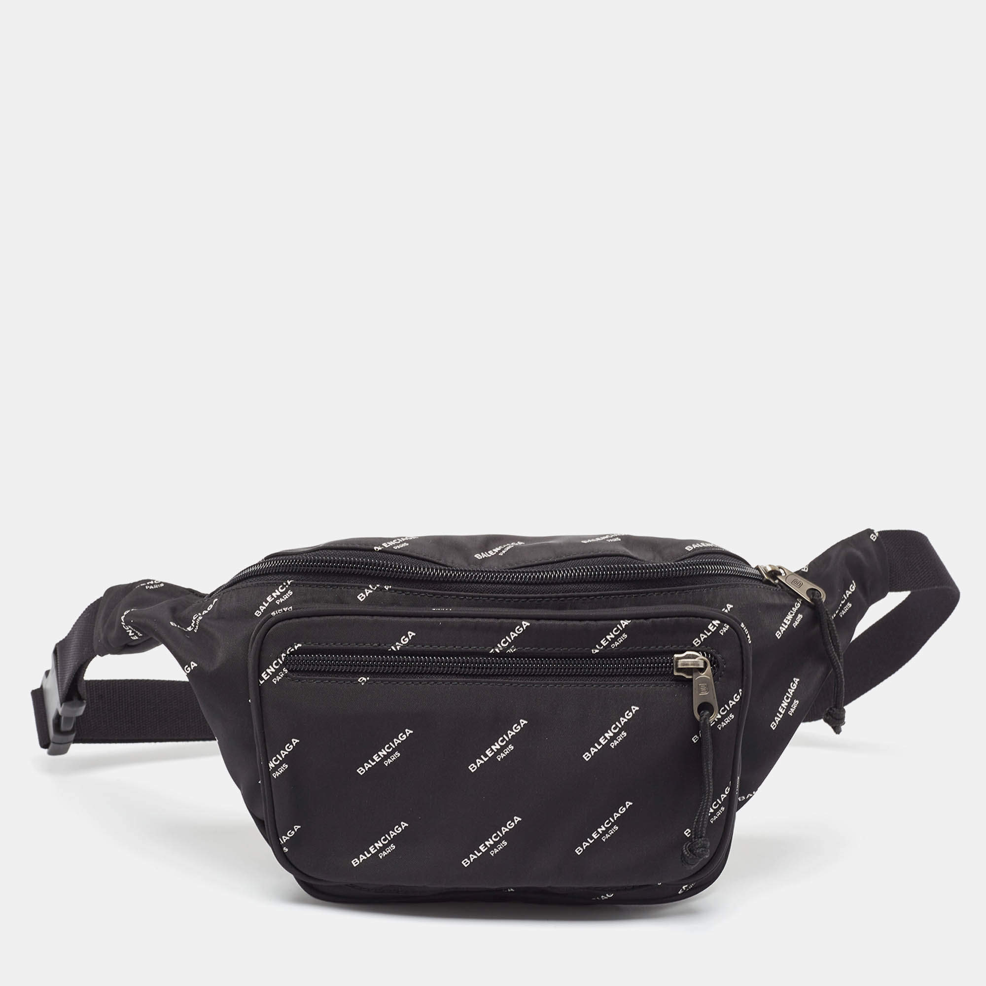 Pre Owned Balenciaga Black Nylon Logo Explorer Belt Bag