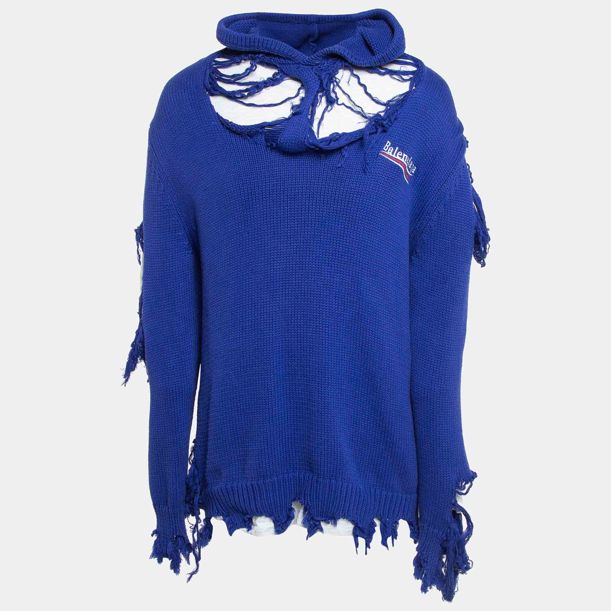مملوكة مسبقًا Balenciaga Blue Distressed Cotton Rib Layered Oversize Hoodie L