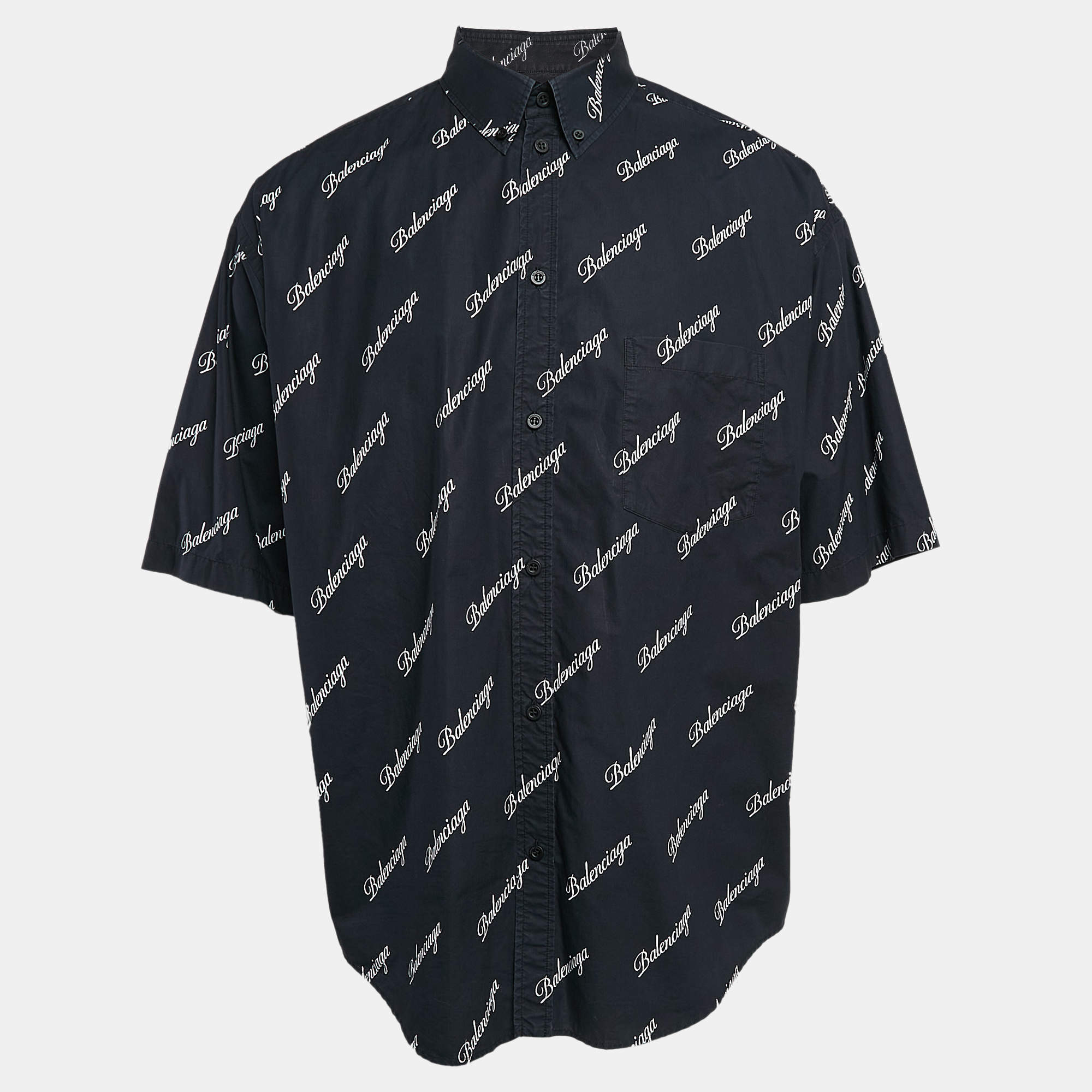 Balenciaga Navy Blue Monogram Print Button Front Oversize Shirt M