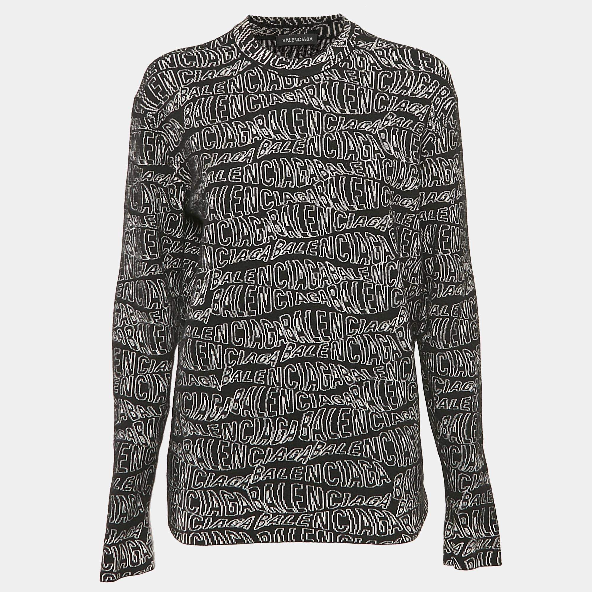 Pre Owned Balenciaga Black Logo Intarsia Stretch Knit Sweatshirt XS