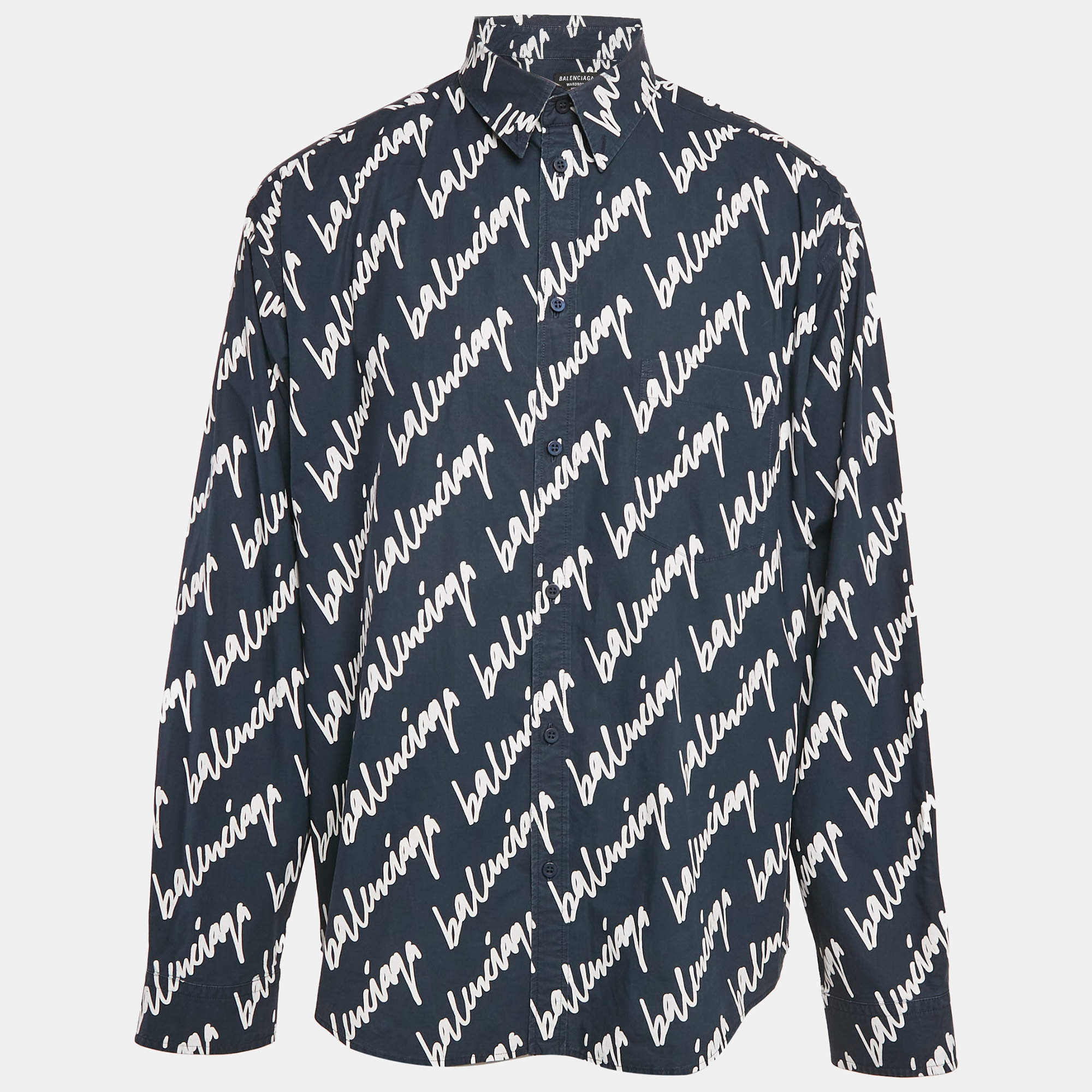 Balenciaga Navy Blue Logo All Over Cotton Long Sleeve Shirt M