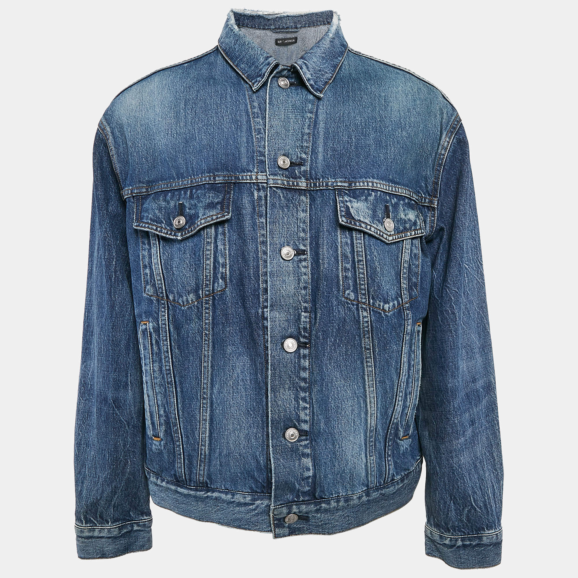 Pre Owned Balenciaga Blue Dirty Light Blue Denim Distressed Collar Jacket M