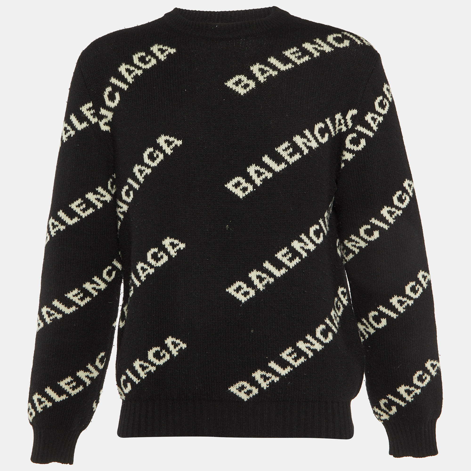 مملوكة مسبقًا Balenciaga Black Logo Intarsia Wool Knit Crew Neck Jumper S