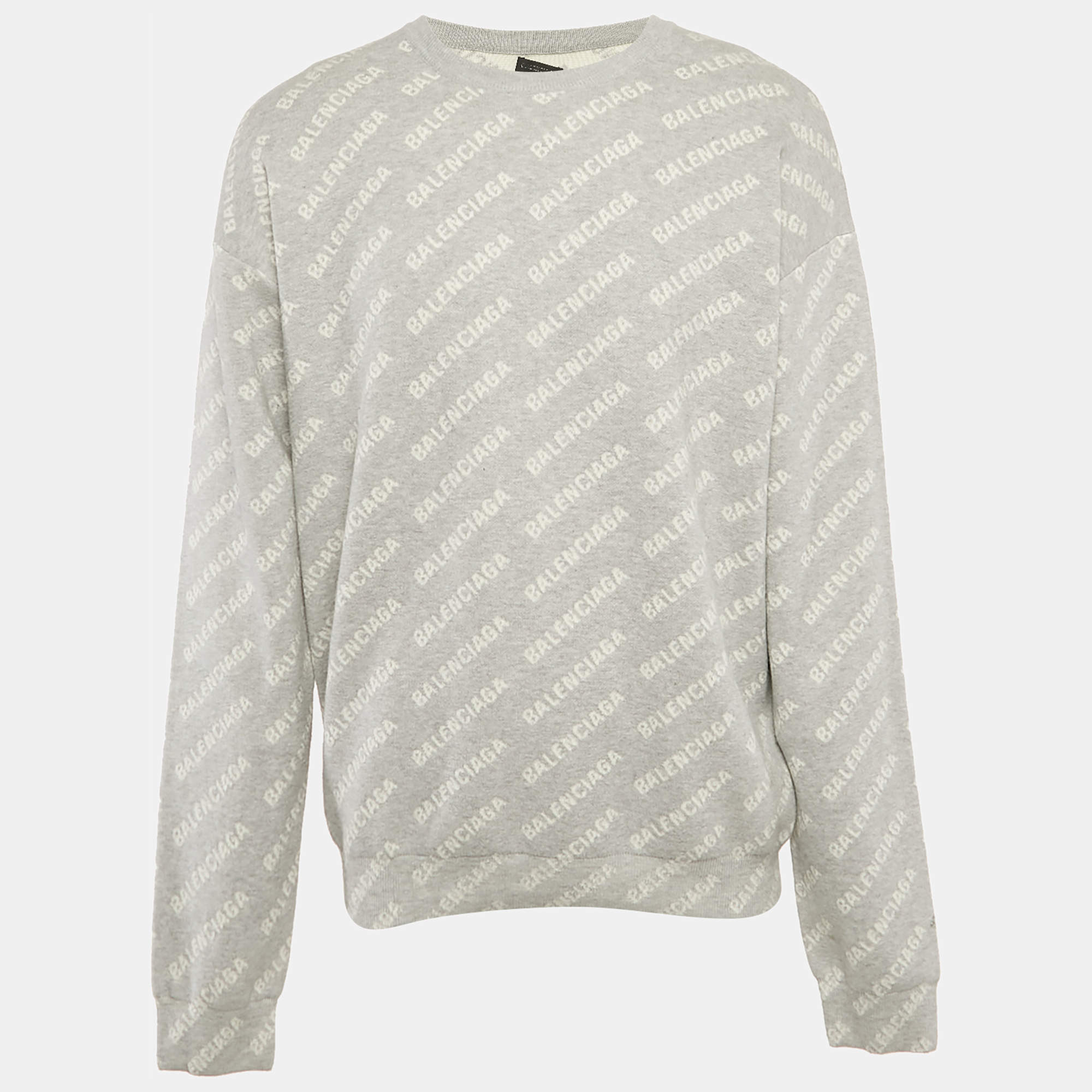 Pre Owned Balenciaga Grey Logo Jacquard Cotton Blend Crew Neck Sweatshirt M