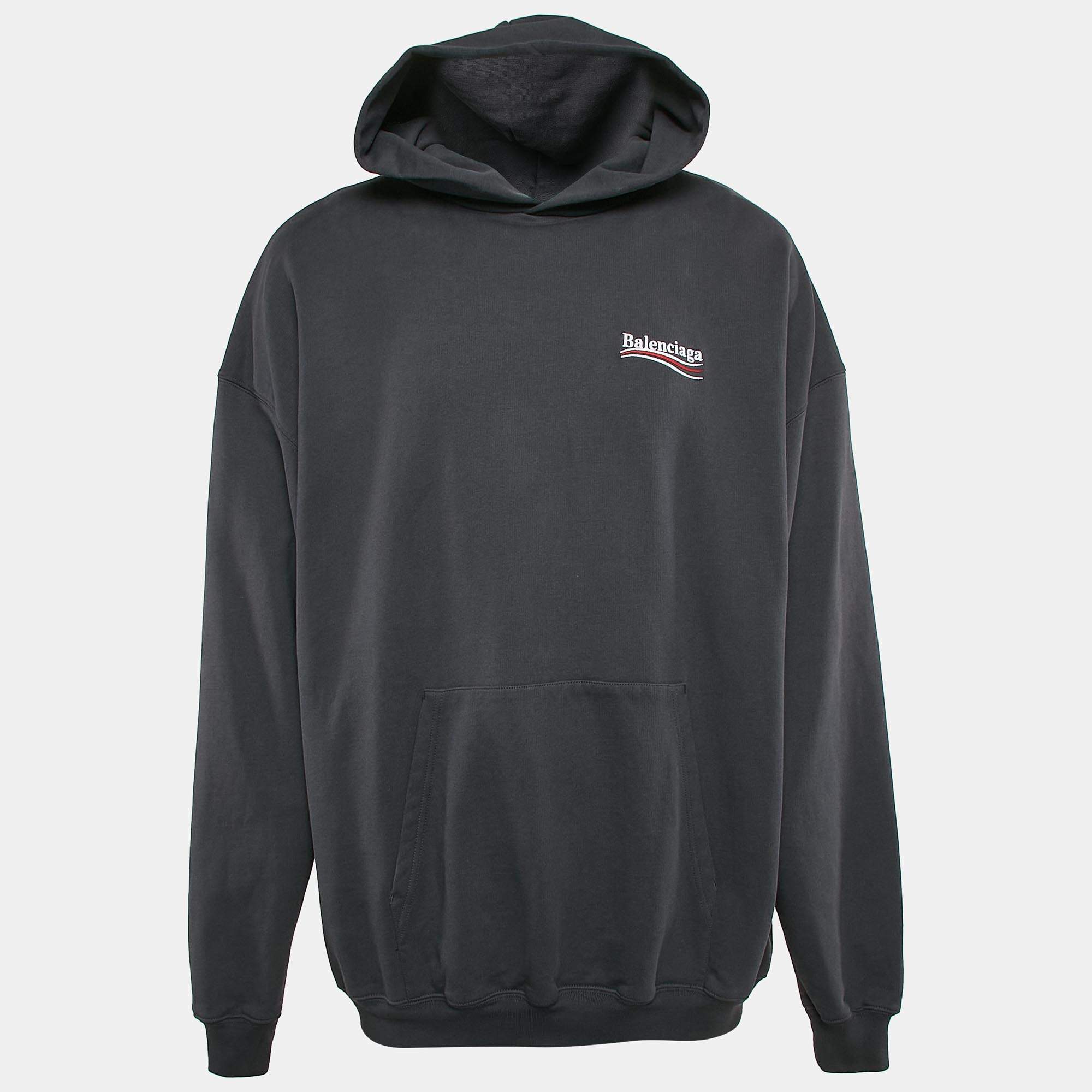 مملوكة مسبقًا Balenciaga Unisex Grey Logo Embroidery Cotton Knit Oversized Hoodie XS