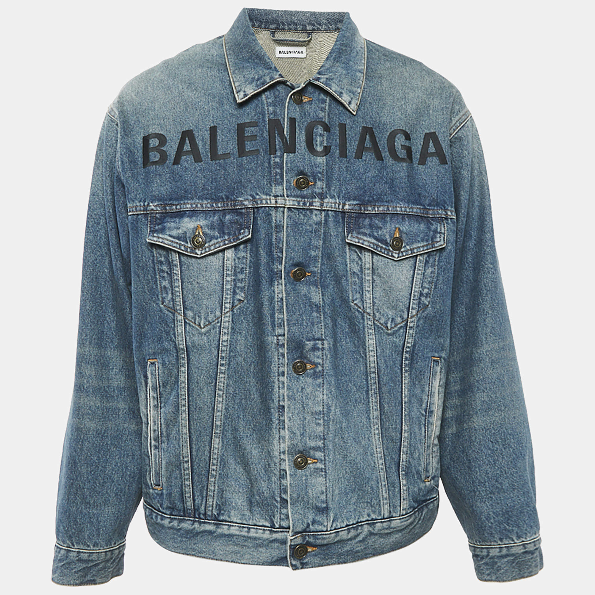 Pre Owned Balenciaga Blue Logo Embroidery Denim Button Front Jacket M