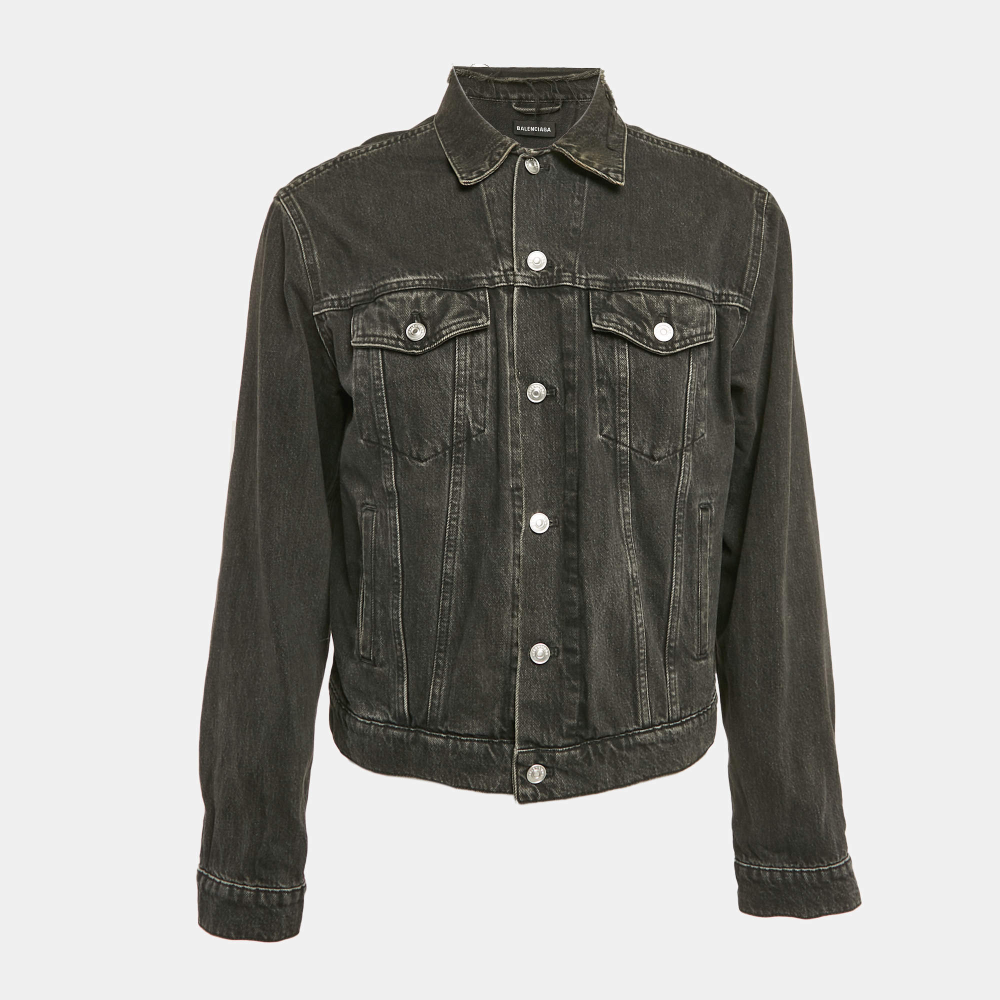 Pre Owned Balenciaga Black Denim Logo Embroidered Frayed Collar Jacket L