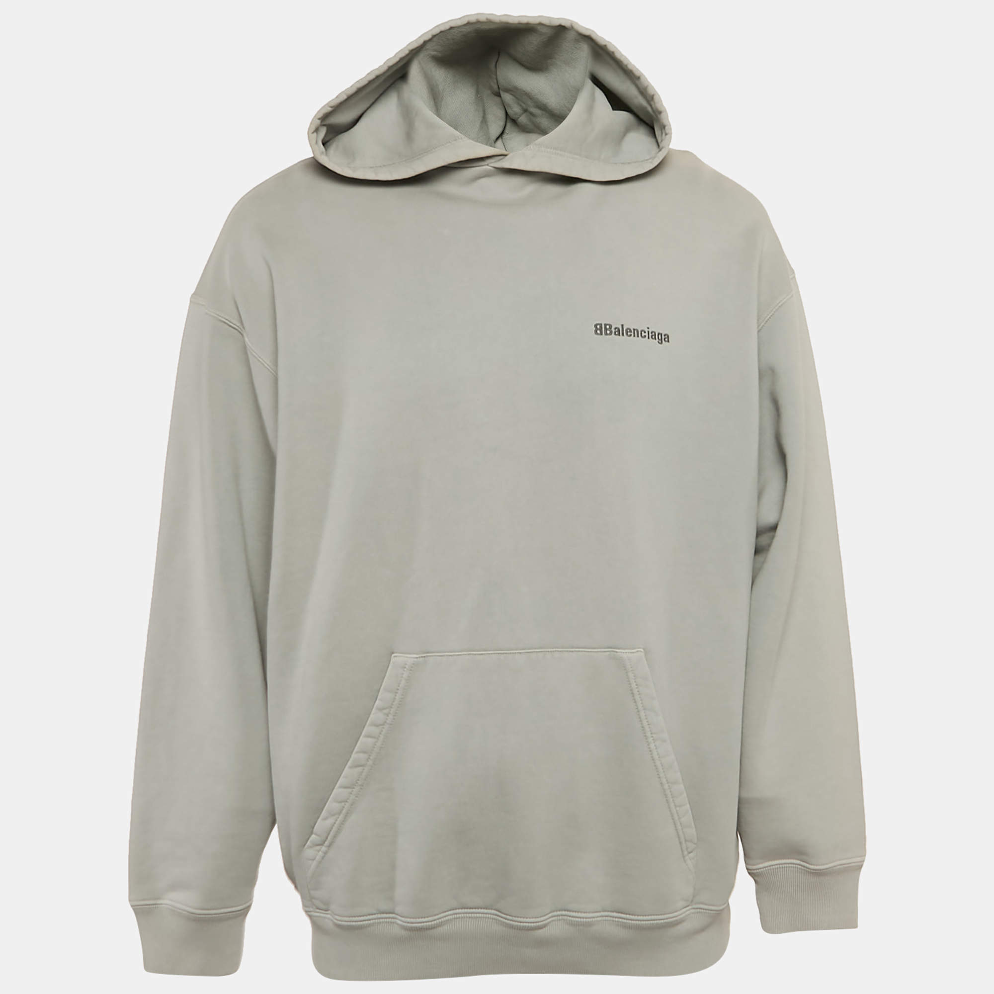 Pre Owned Balenciaga Grey Logo Embroidered Cotton Hoodie M