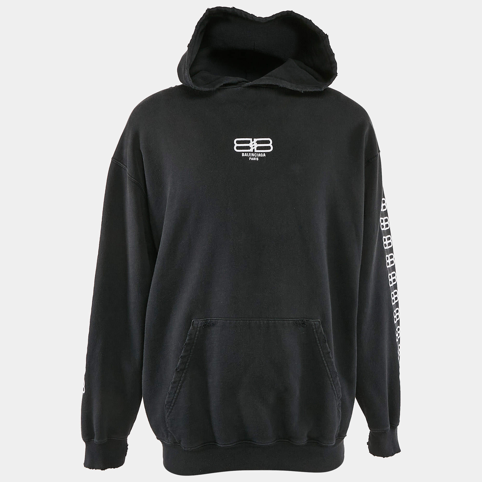 Balenciaga Black Logo Embroidery Cotton Distressed Hoodie S