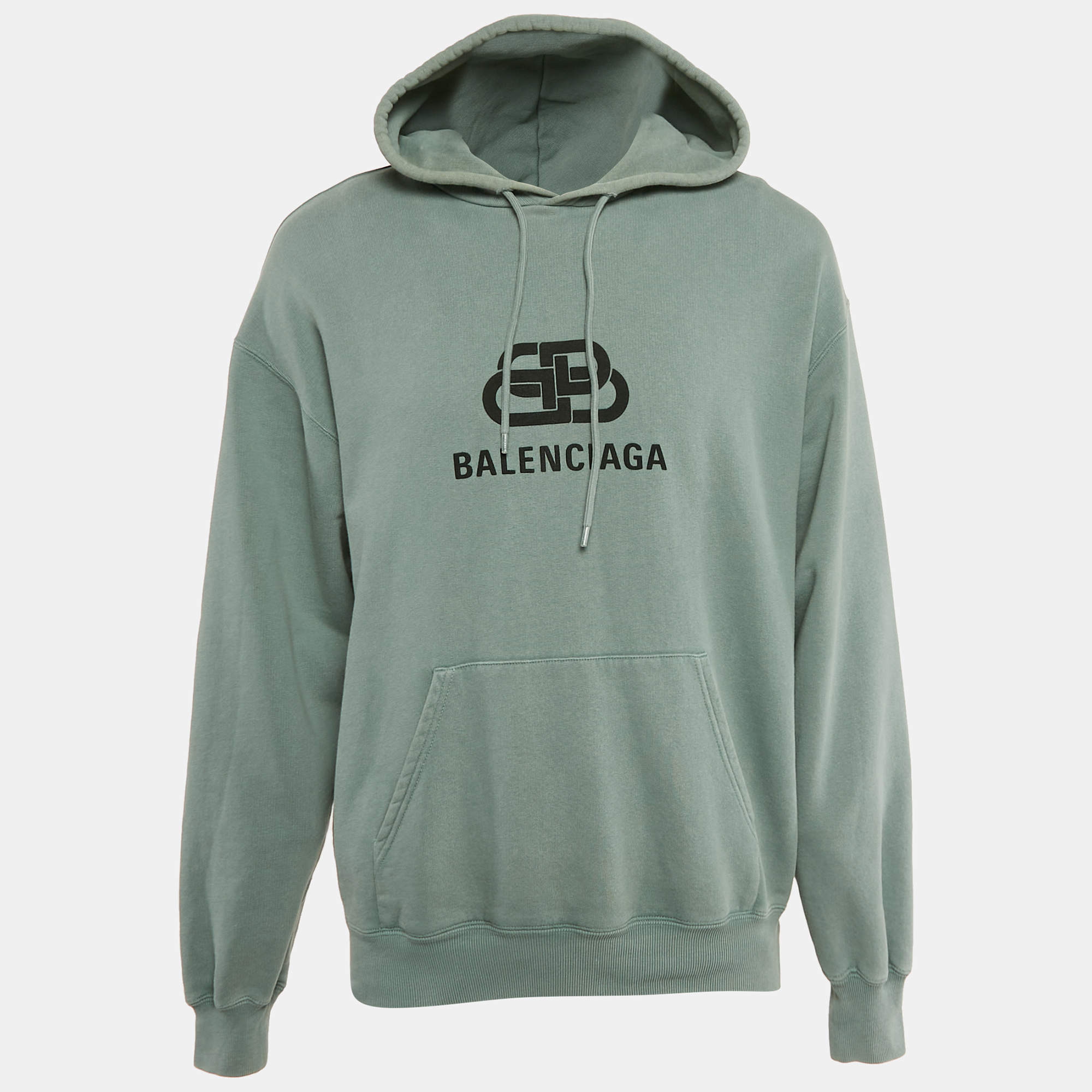 Pre Owned Balenciaga Blue Logo Print Cotton Knit Hoodie M