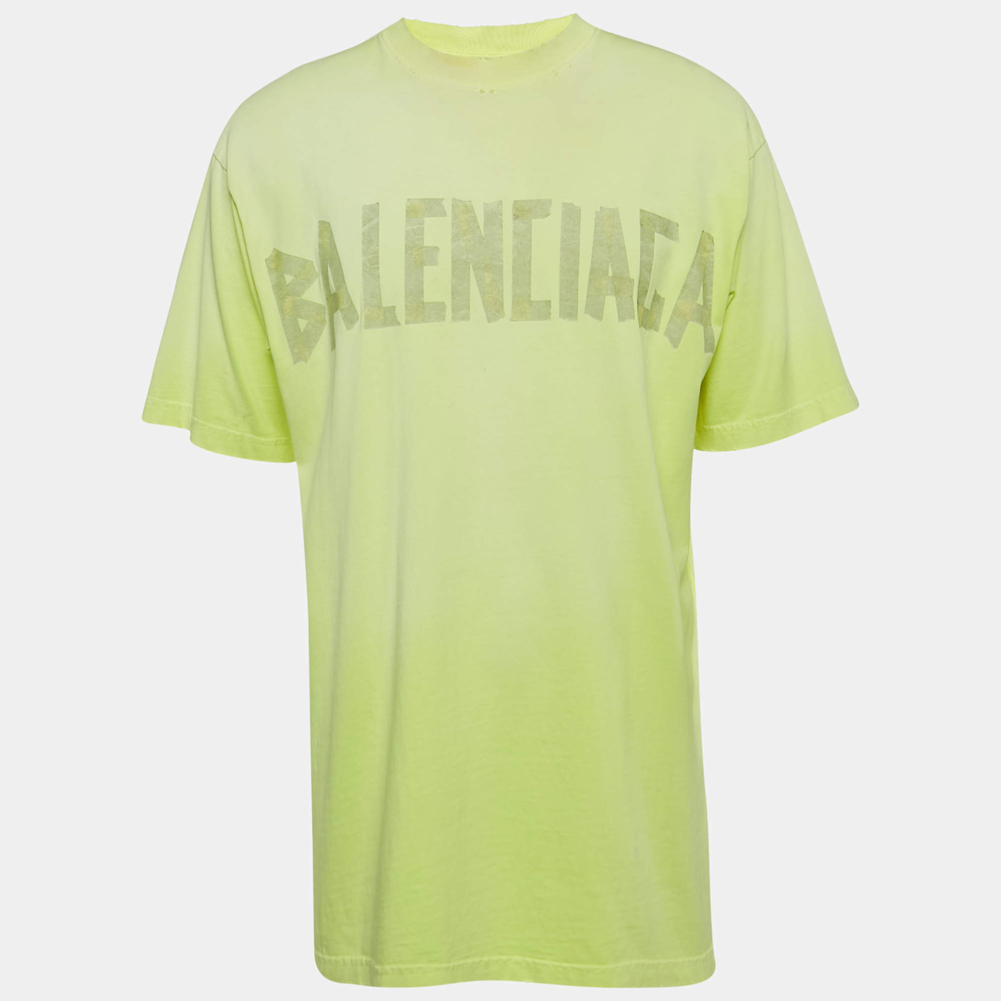 Balenciaga Unisex Florescent Yellow Tape Logo Print Jersey Oversized T-Shirt XXS
