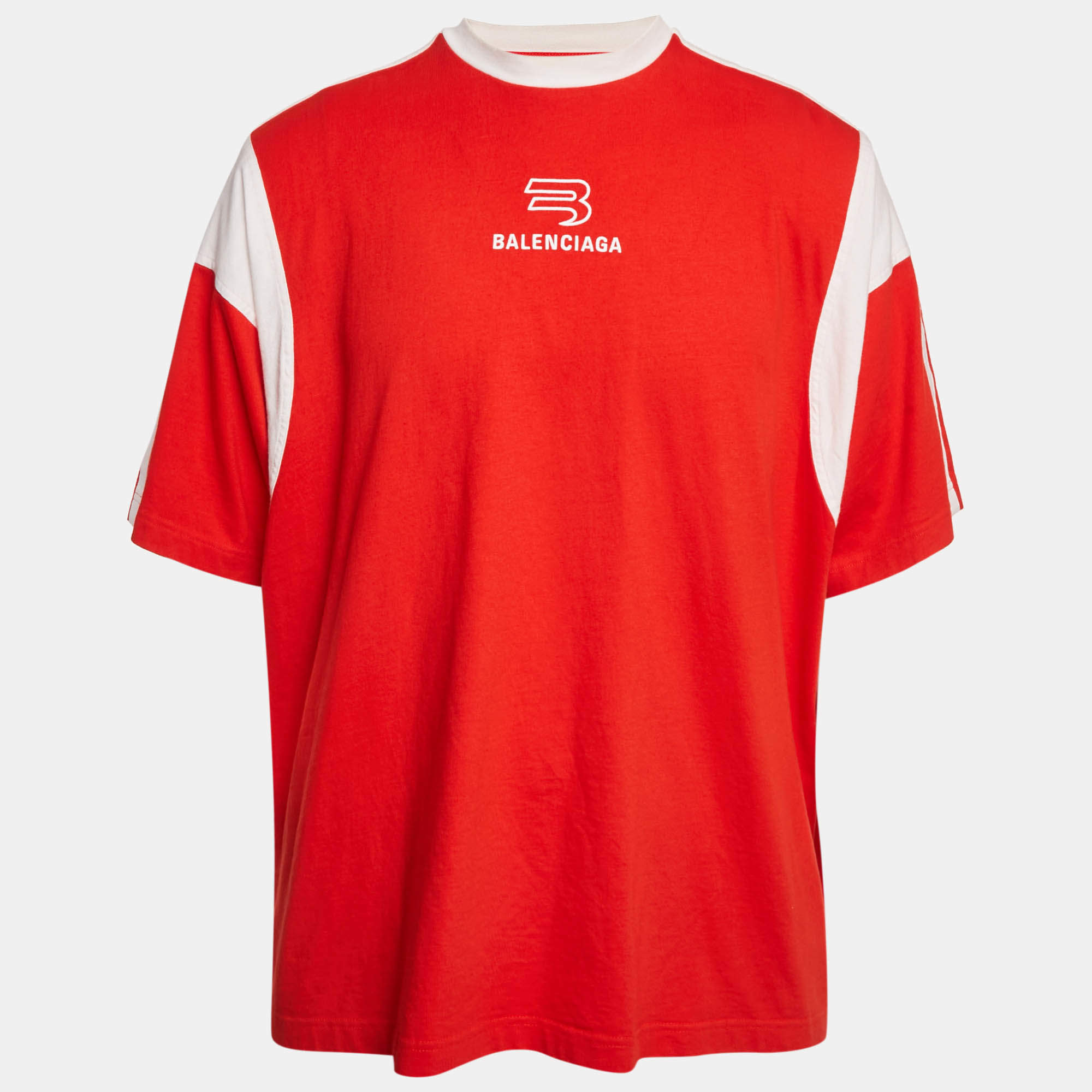 Pre Owned Balenciaga Unifit Red Logo Print Jersey Oversized T-Shirt L