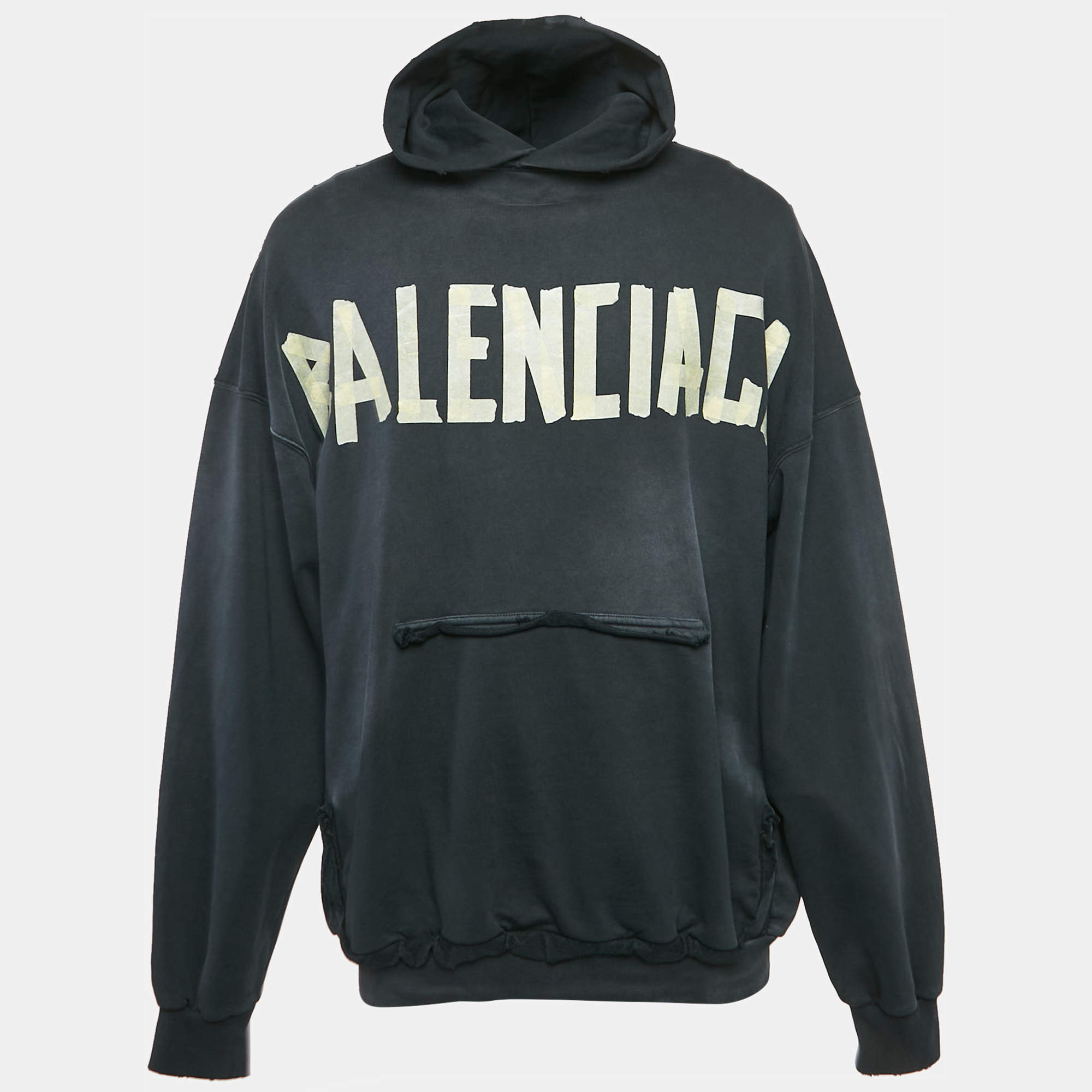 مملوكة مسبقًا Balenciaga Black Washed Tape Type Logo Print Cotton Distressed Hoodie Sweatshirt S