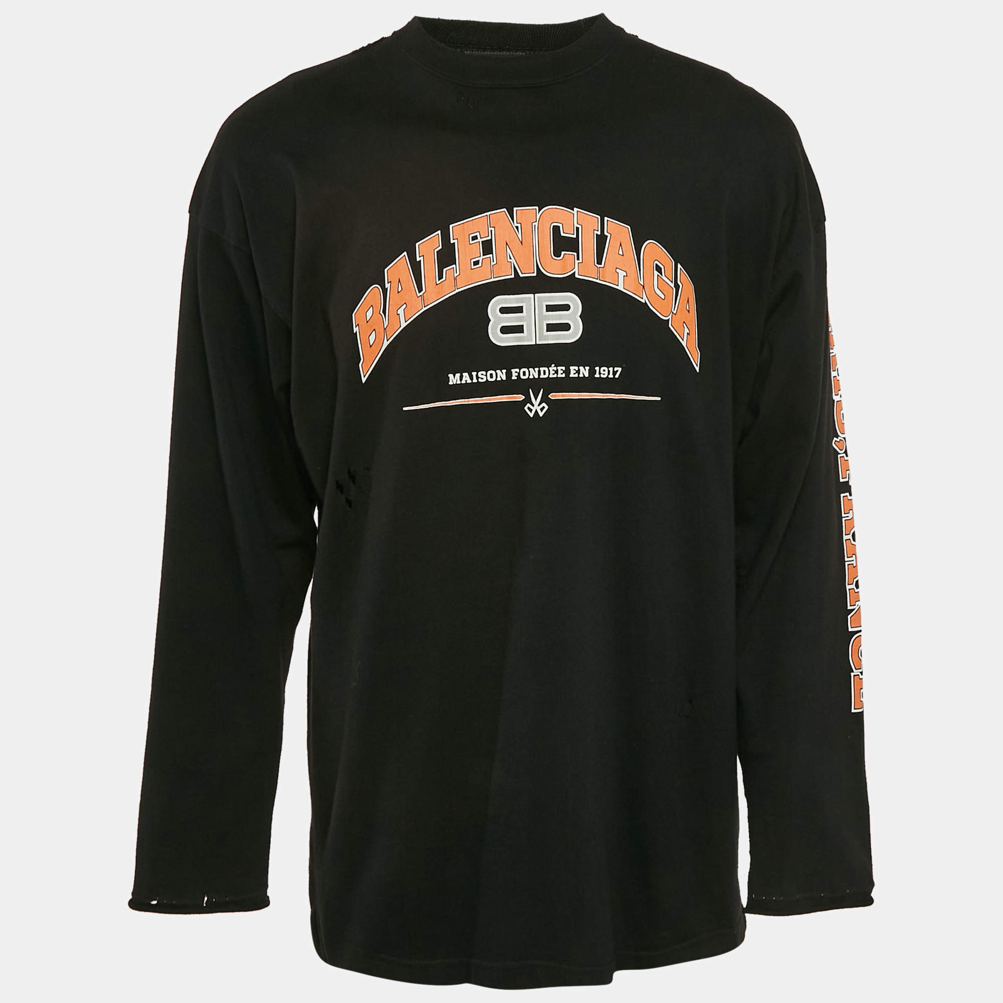 Pre Owned Balenciaga Black Logo Print Cotton Crew Neck Distressed Sweatshirt L