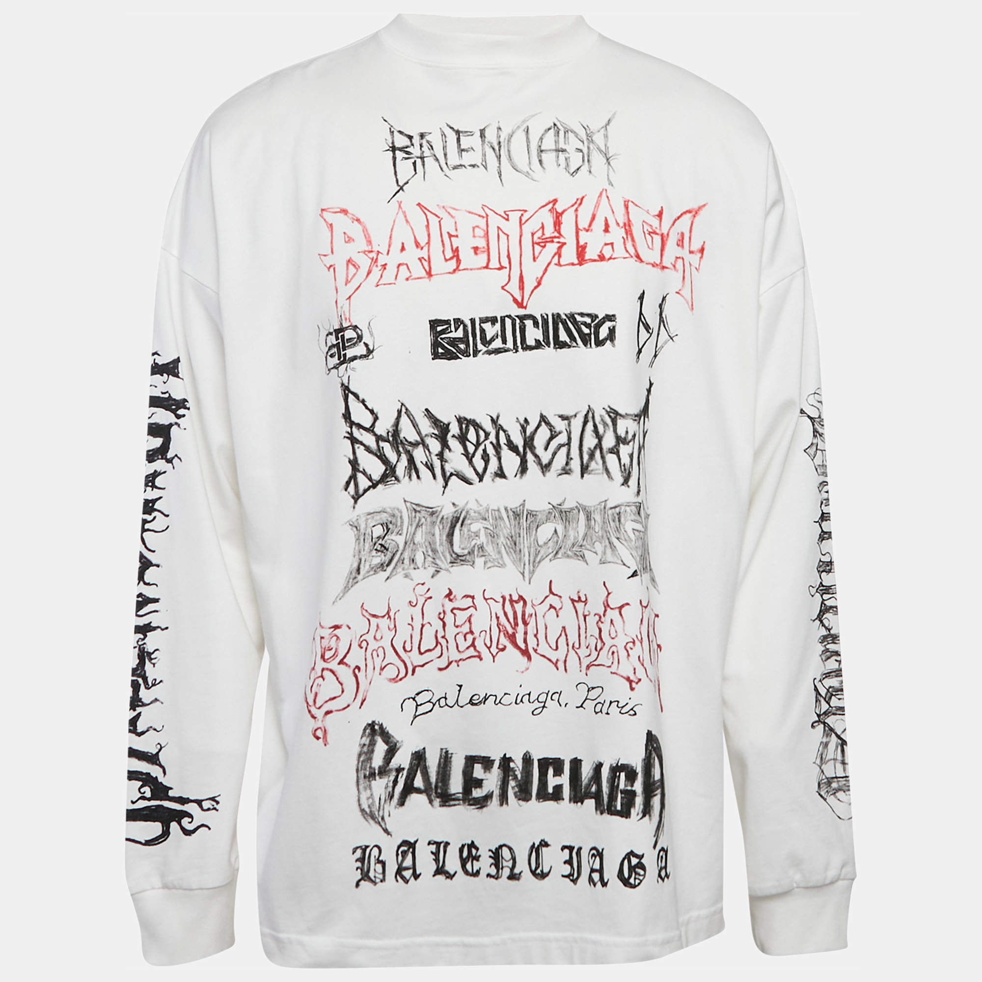 Balenciaga White Logo Print Cotton Full Sleeve Crew Neck T-Shirt L