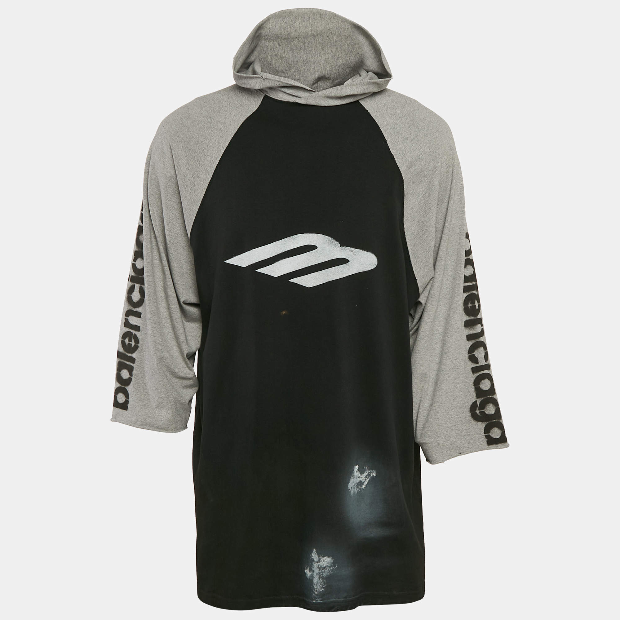 Pre Owned Balenciaga Black/Grey Stencil Logo Print Cotton Distressed Hoodie T-Shirt L