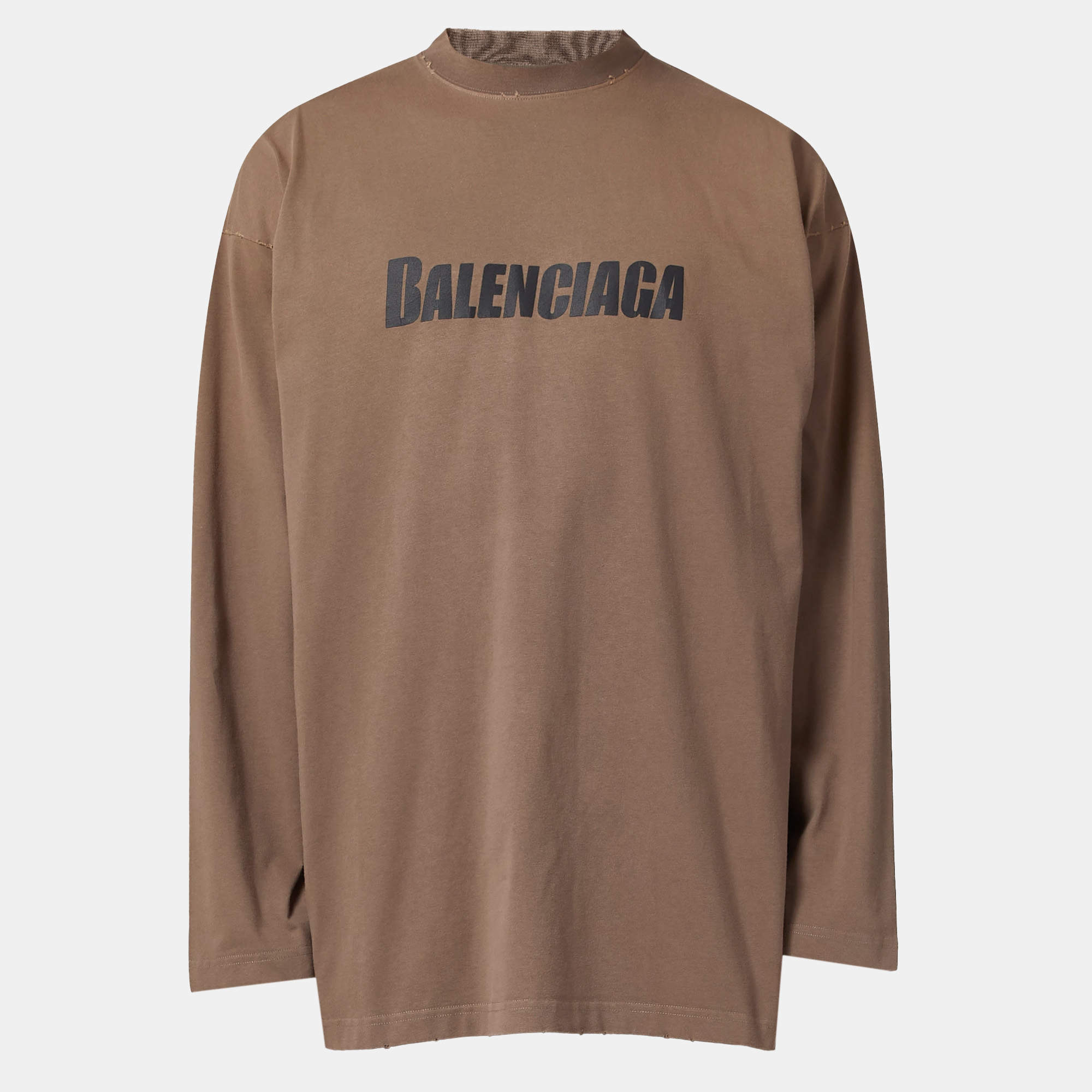 Pre Owned Balenciaga Unisex Beige Logo Print Oversized Long Sleeve T-Shirt M