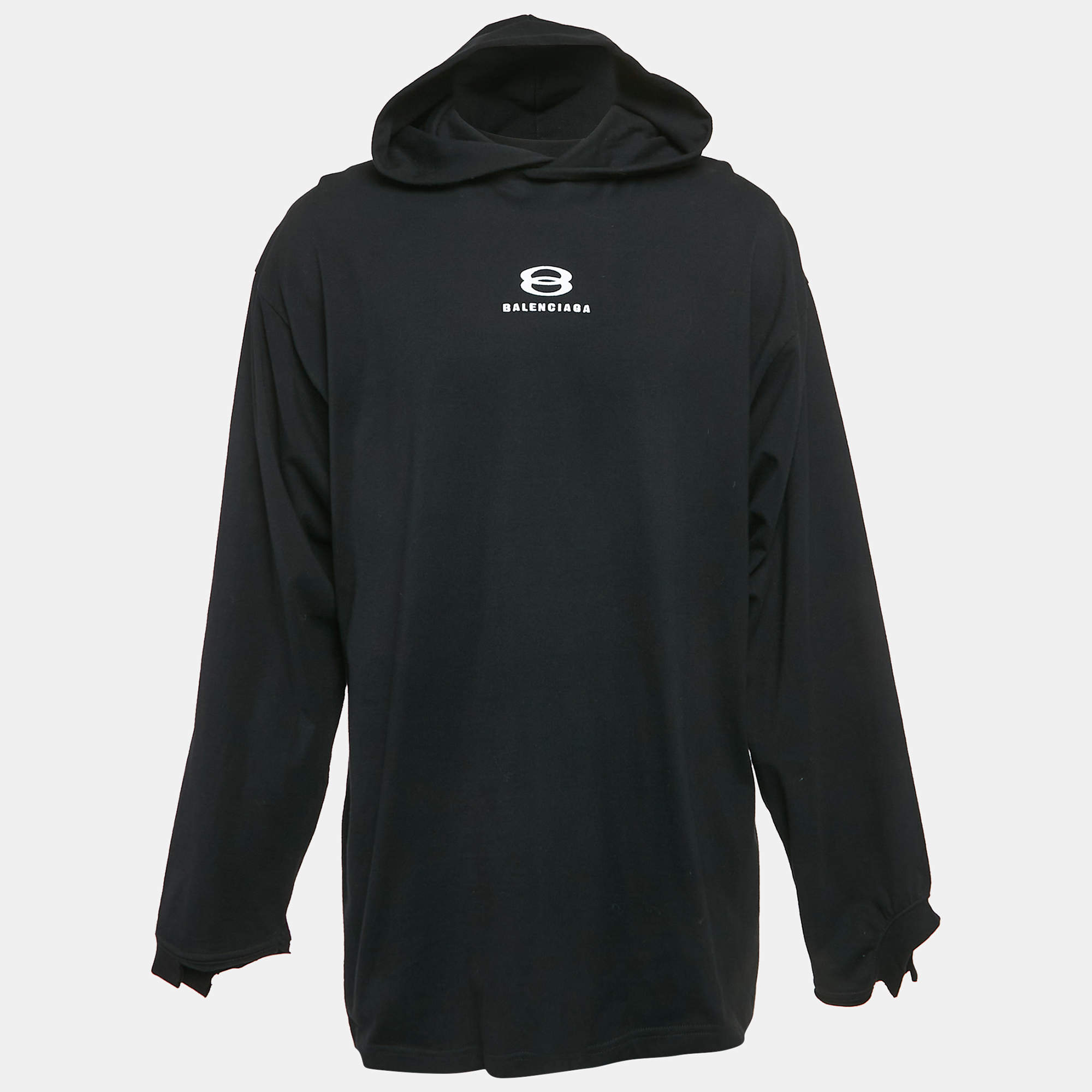 Pre Owned Balenciaga Black Logo Embroidery Cotton Knit Oversized Hoodie M