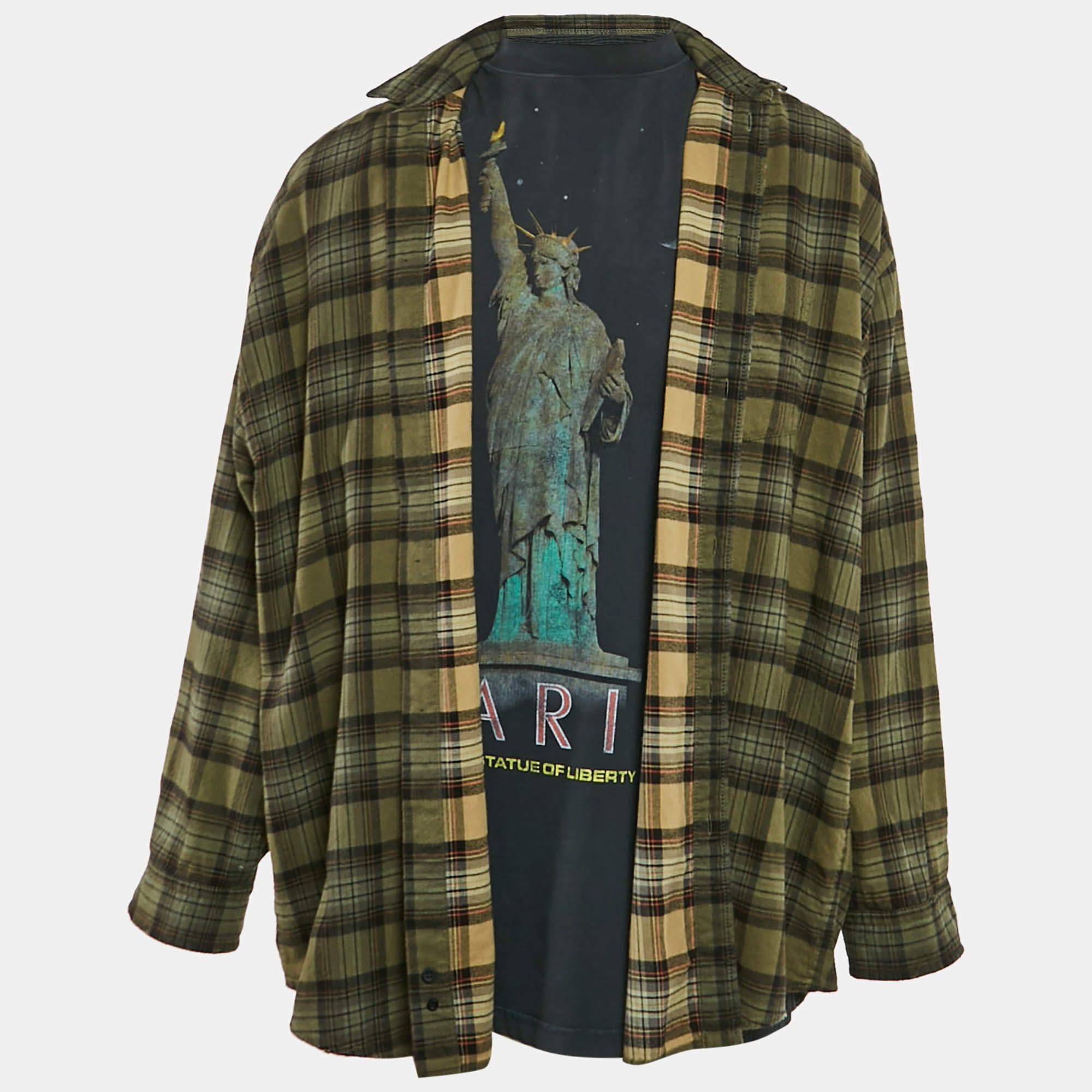 Balenciaga Unisex Green Checks Distressed Cotton T-shirt and Shirt L