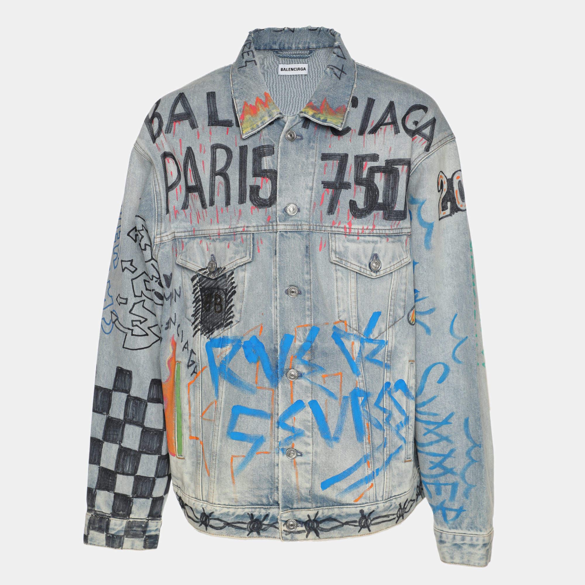 Pre Owned Balenciaga Blue Denim Graphic Print Jacket XXXS