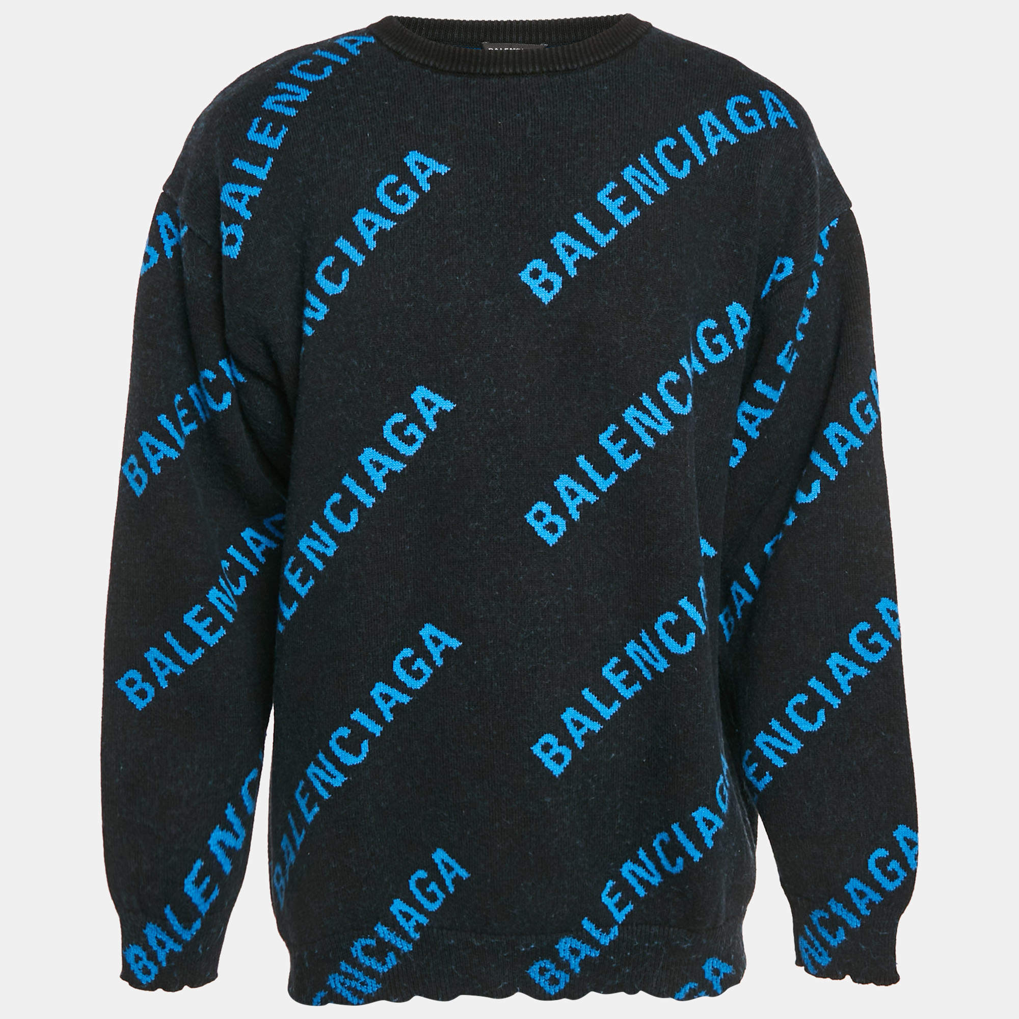 Pre Owned Balenciaga Blue Monogram Cotton Knit Crew Neck Sweater M