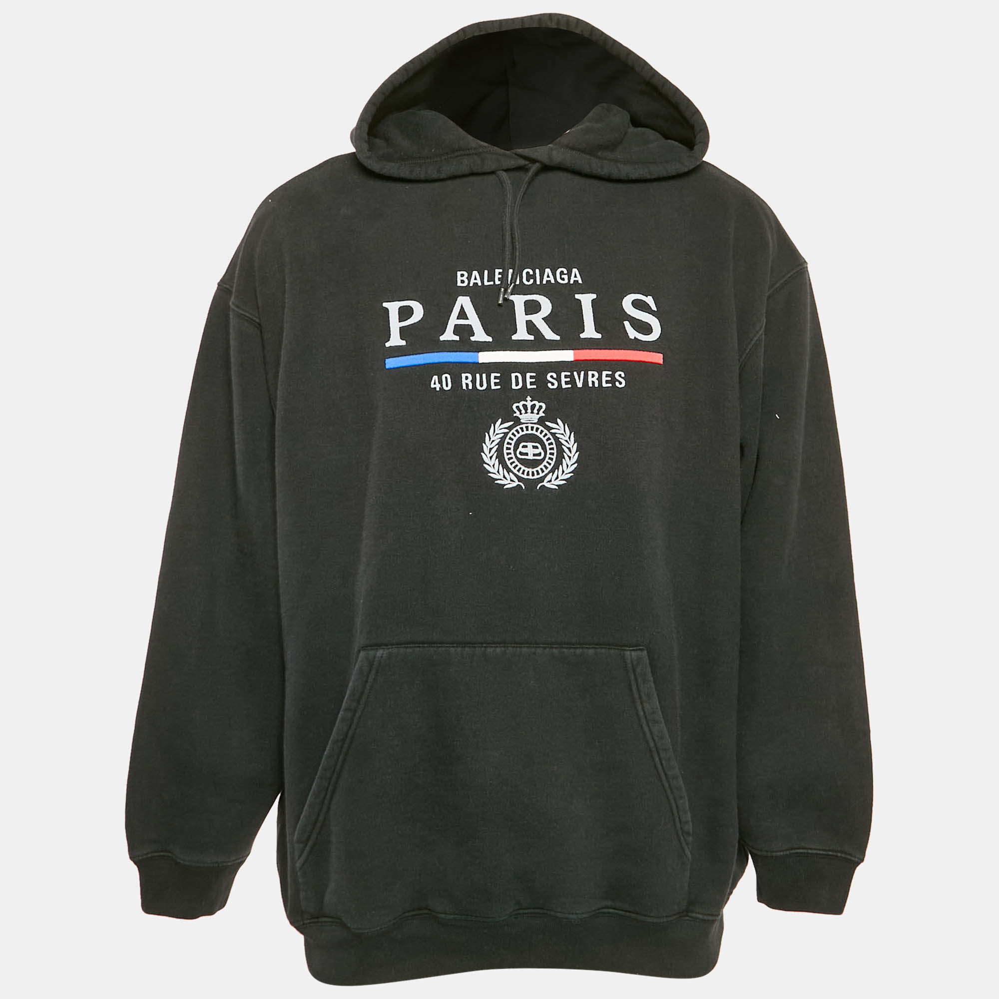 Balenciaga Black Logo Embroidered Cotton Knit Hoodie L