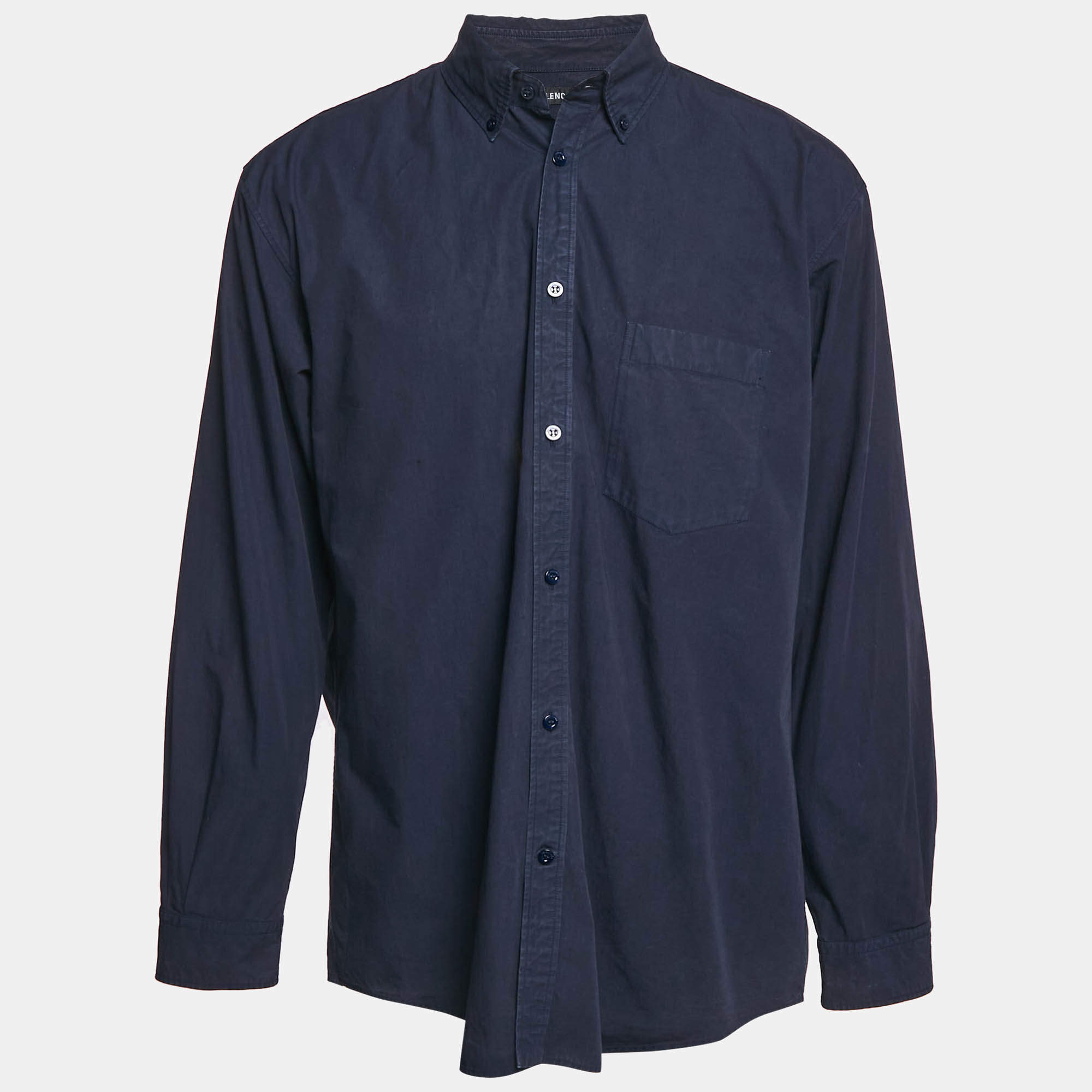 Pre Owned Balenciaga Navy Blue Cotton Logo Print Button Down Oversized Shirt M