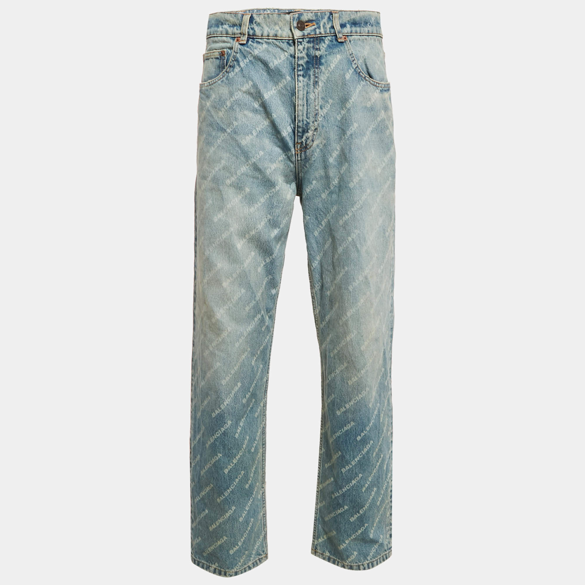Balenciaga Unisex Blue Logo Over All Faded Denim Straight Leg Jeans S Waist 30"