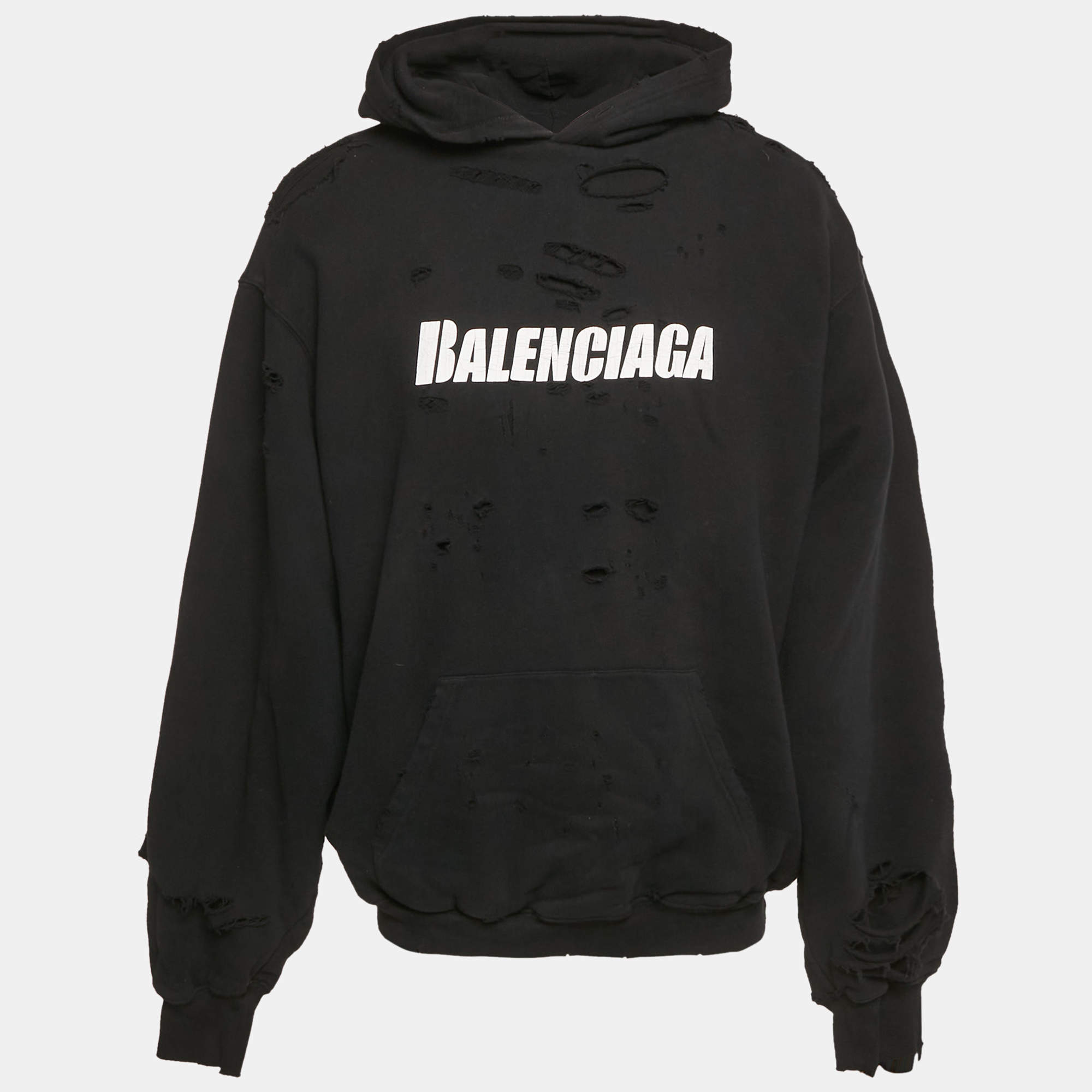 Balenciaga Blue Logo Distressed Cotton Sweatshirt Hoodie M