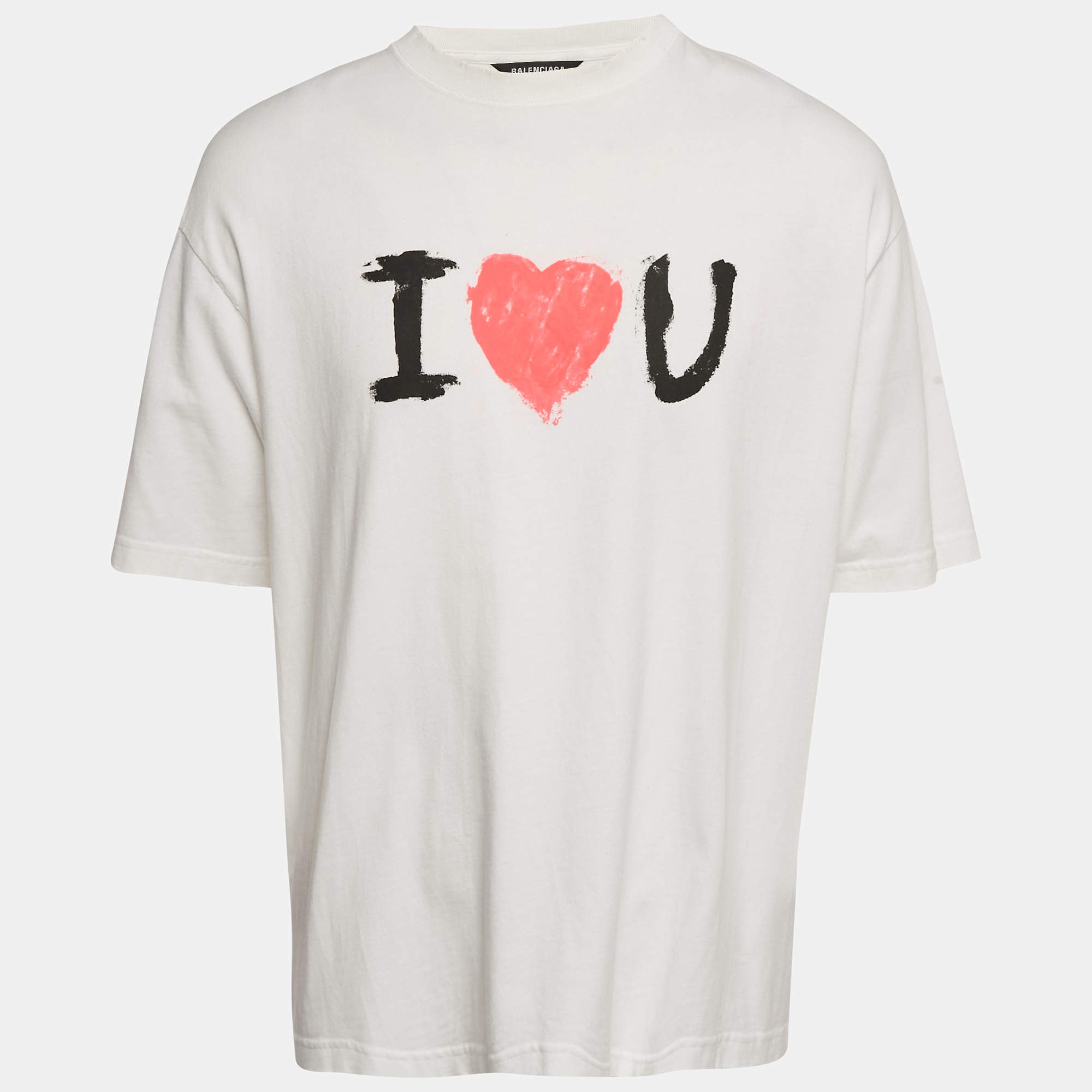 Balenciaga White I Love You Printed Cotton Oversized Distressed T-Shirt M