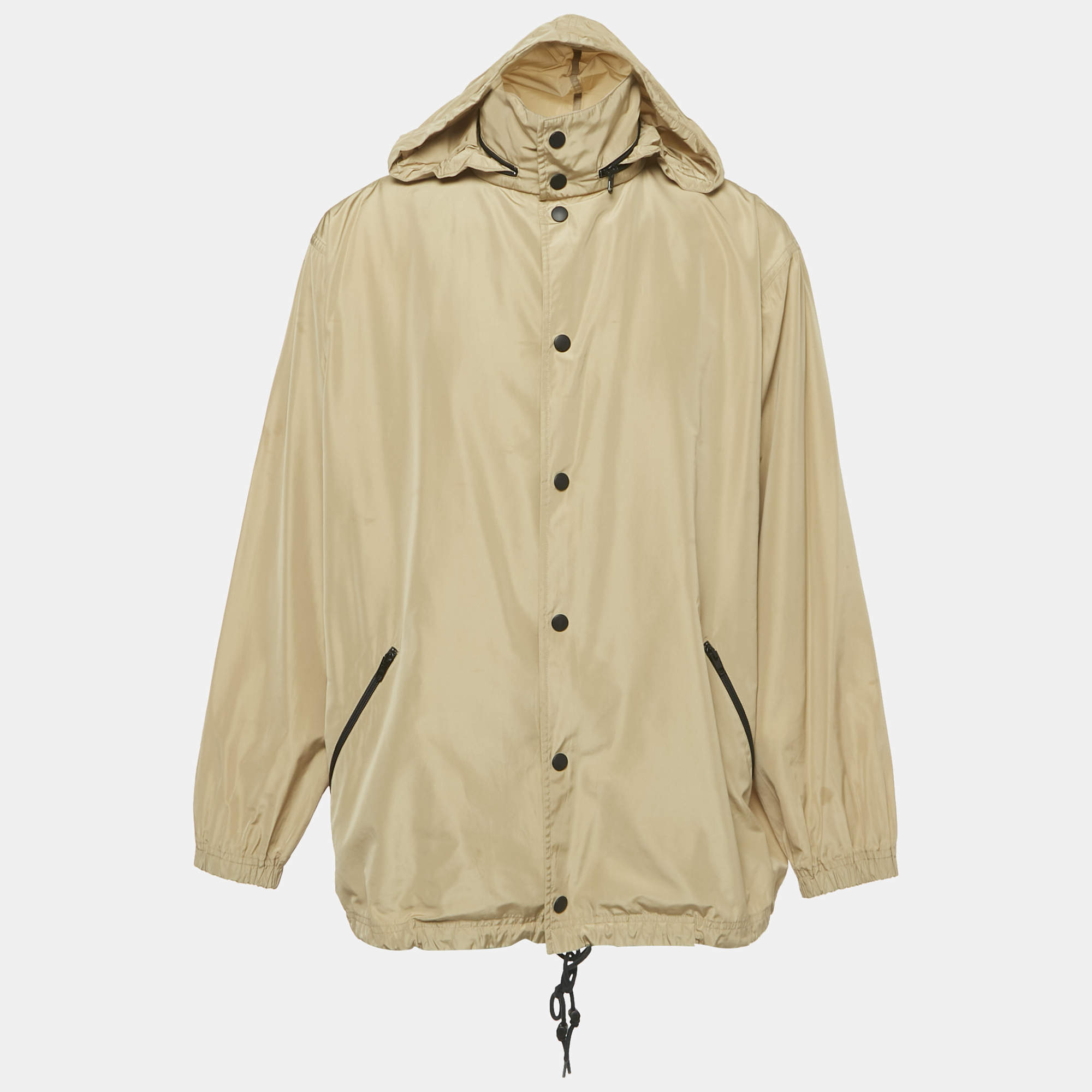 Pre Owned Balenciaga Beige Logo Print Synthetic Oversized Concealed Hood Jacket XS