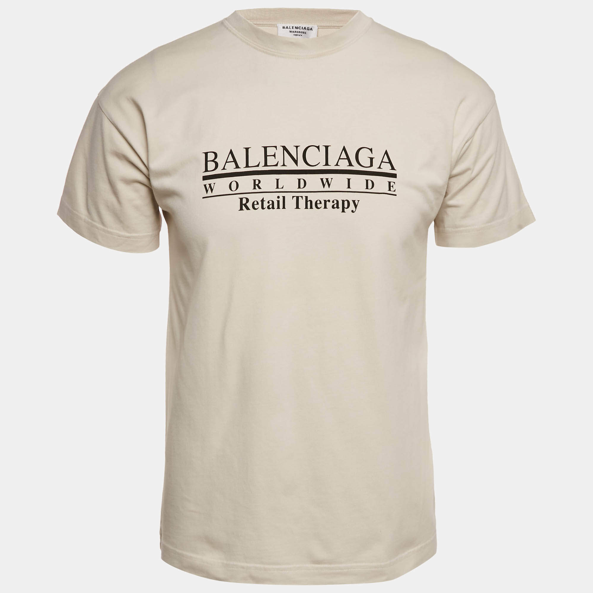 Pre Owned Balenciaga Unisex Beige Logo Print Jersey T-Shirt XXS