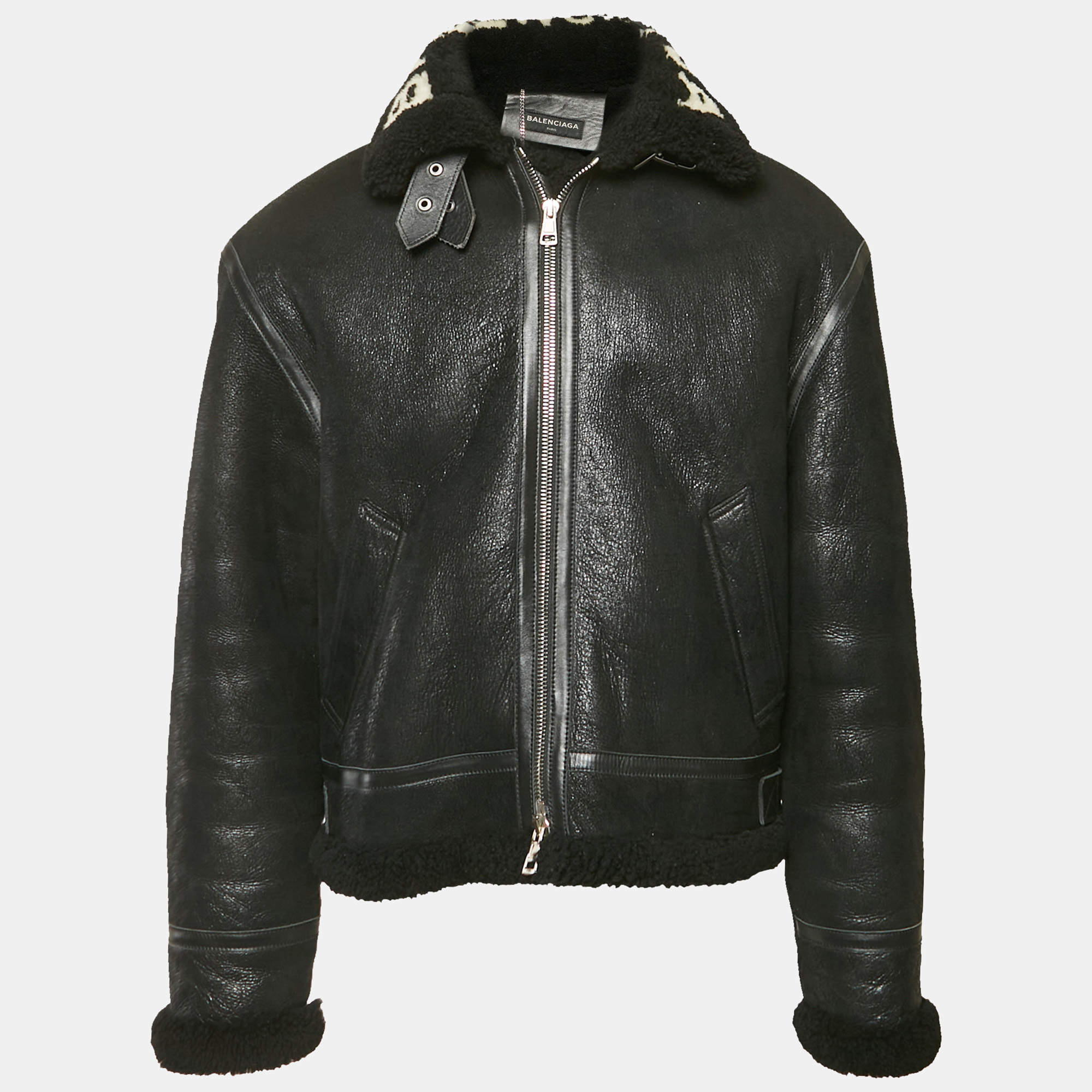Pre Owned Balenciaga Black Leather and Shearling Oversized Jacket L