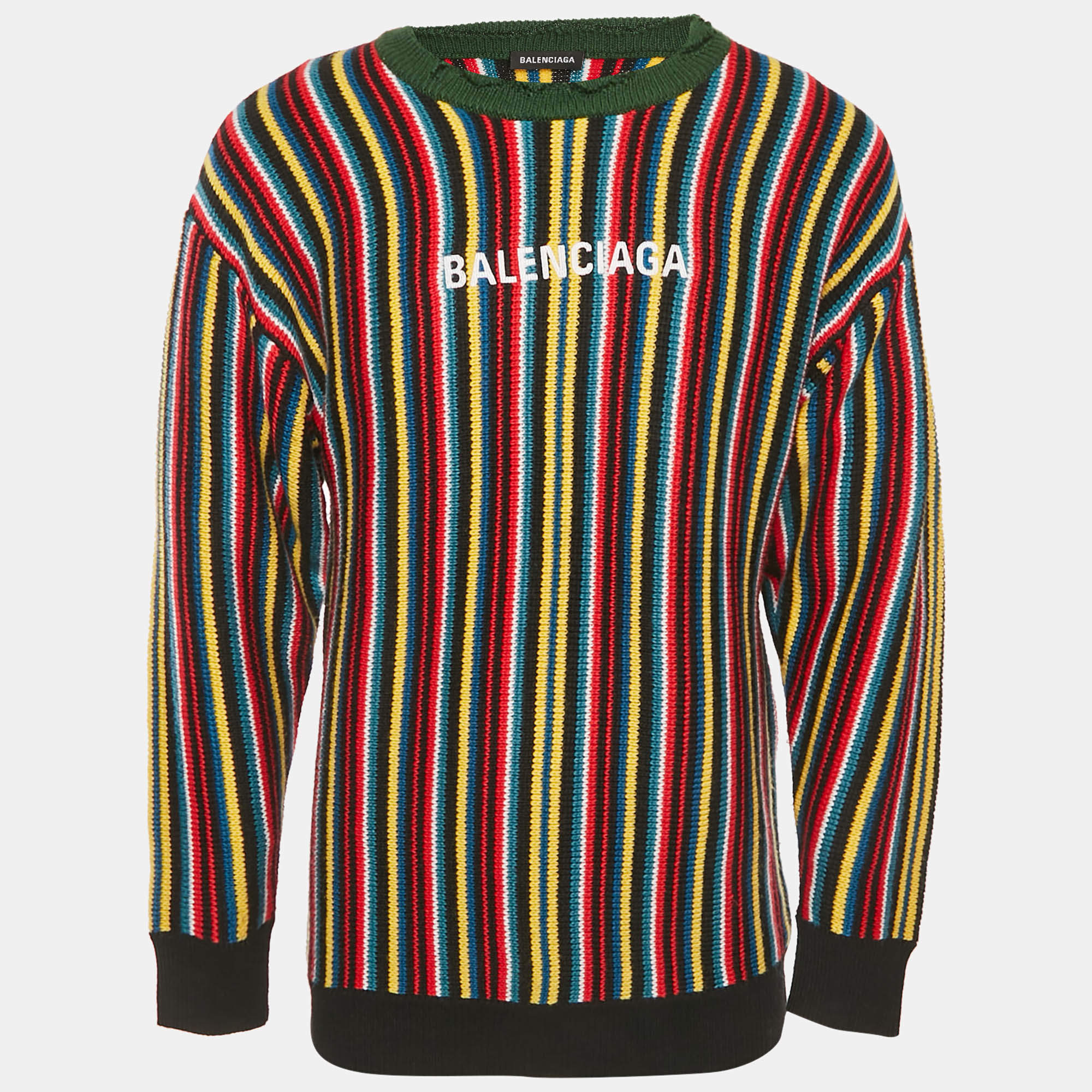 Pre Owned Balenciaga Multicolor Logo Intarsia Striped Wool Blend Oversized Sweater XXS