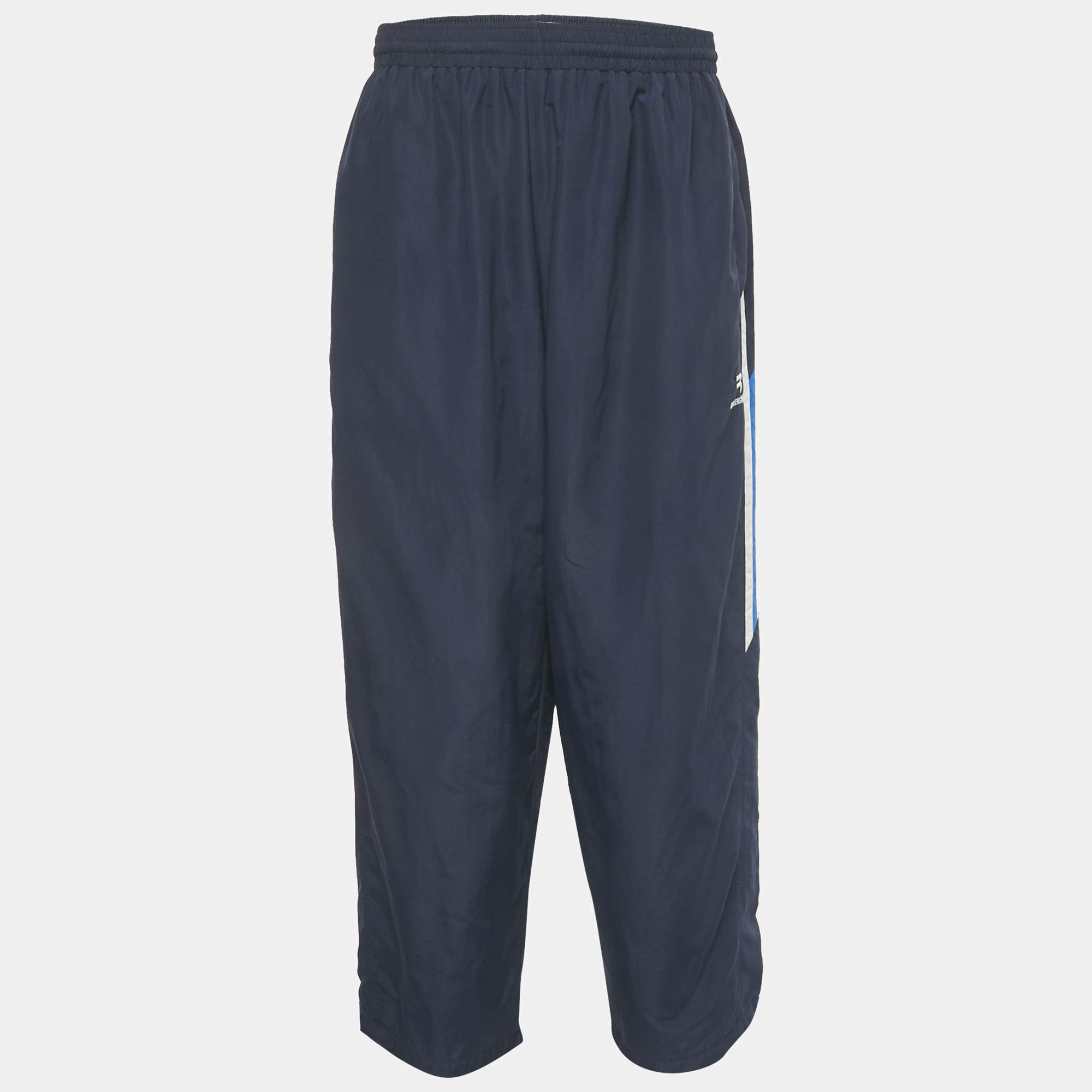 Pre Owned Balenciaga Navy Blue Logo Embroidered Synthetic Track Pants XXL  