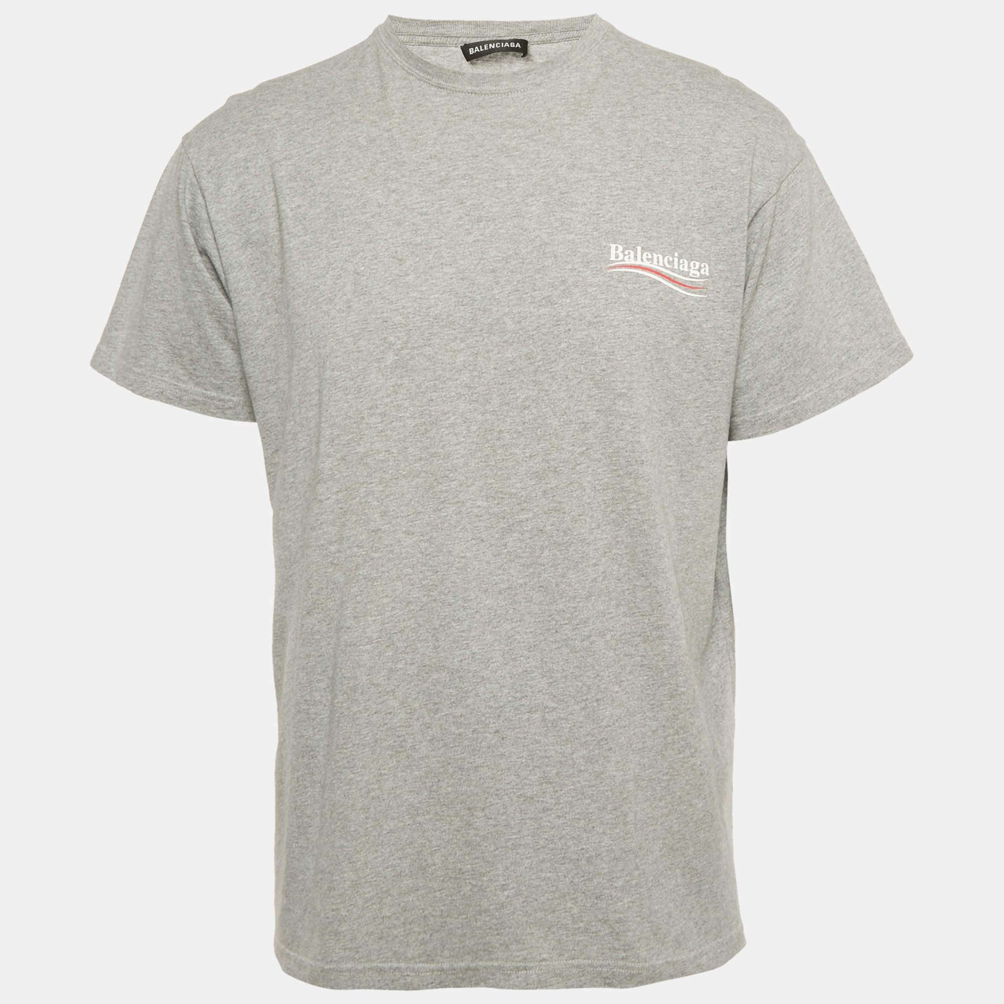 Balenciaga Light Grey Cotton Logo Embroidered Short Sleeve T