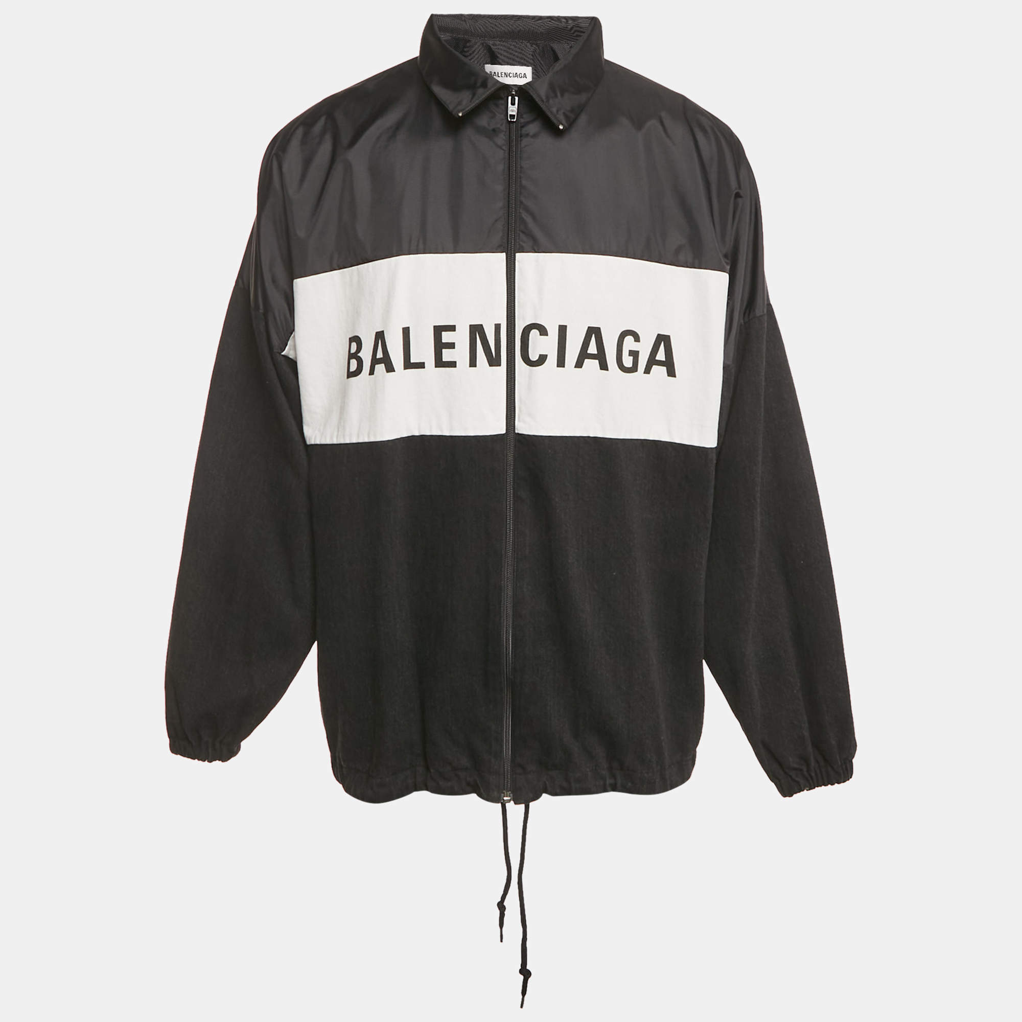 Pre Owned Balenciaga Black/White Synthetic & Denim Patchwork Logo Zip-Up Jacket XS