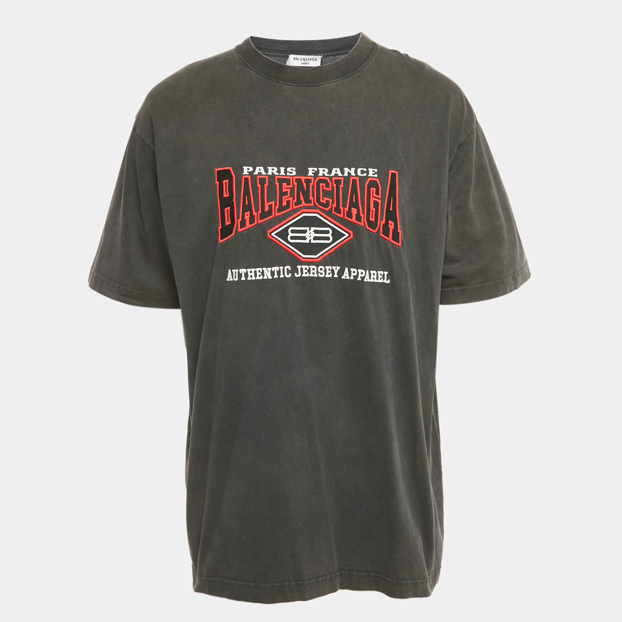 Pre Owned Balenciaga Unisex Grey Logo Embroiderd Jersey Oversized T-Shirt S 